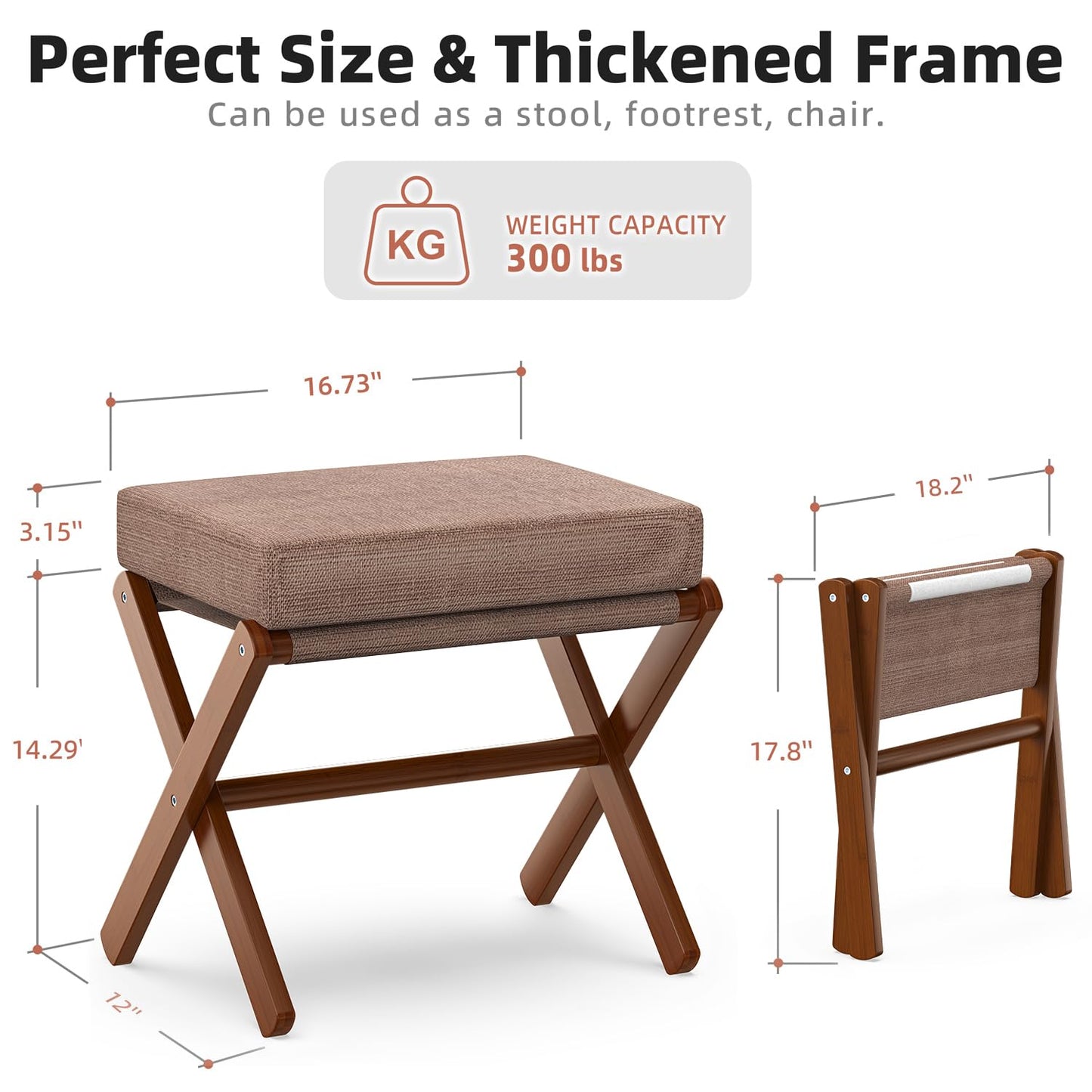 BAMBOOHOMIE Foldable Foot Stool Ottoman, Modern Foot Rest with Bamboo X Legs & Thick Foam Cushion, Folding Foot Stools Small Padded for Bedroom Living Room, Footstool for Chair Couch (Brown - Brown)