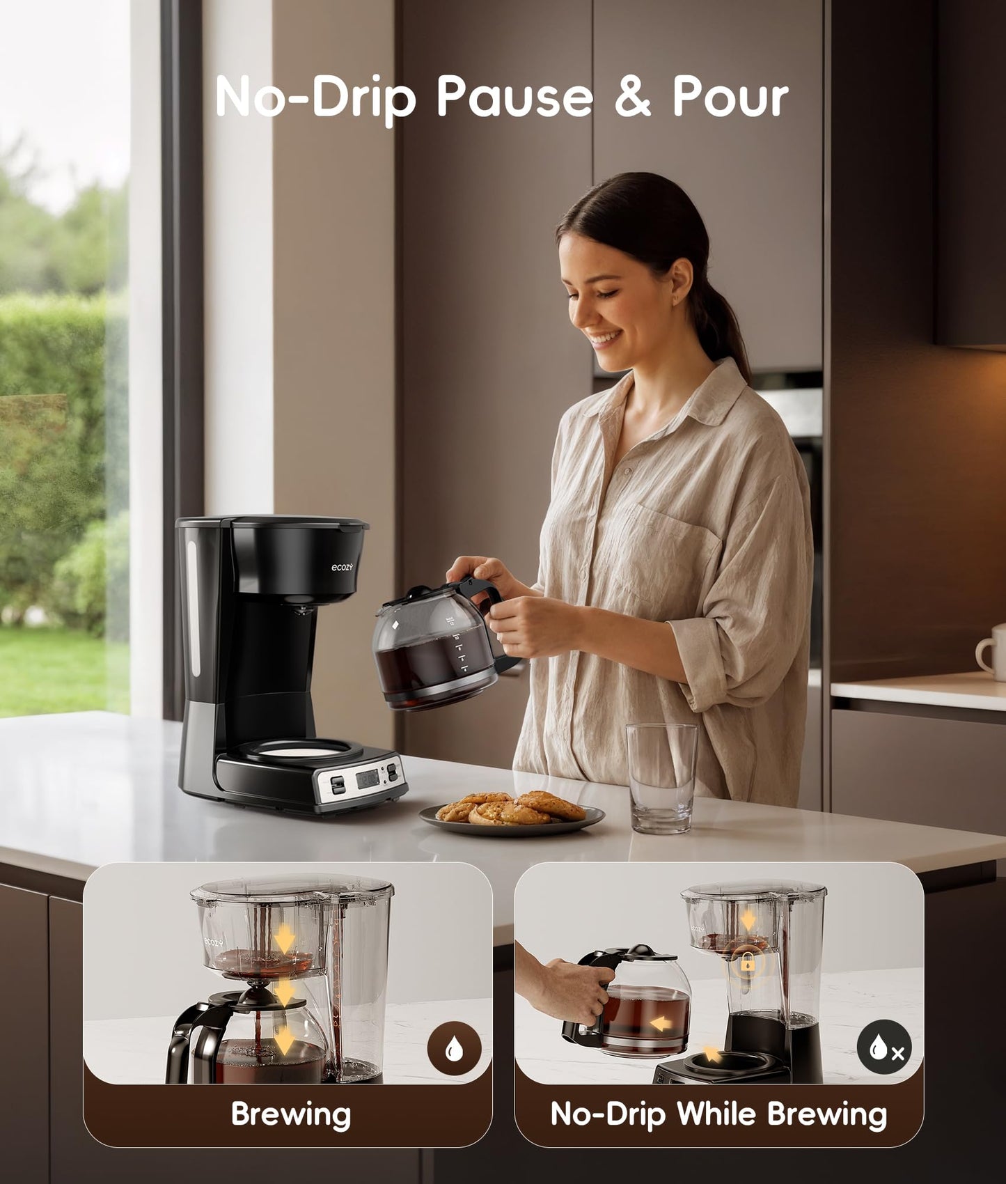 ecozy 12-Cup Drip Coffee Maker with Electric Coffee Grinder Combos, Programmable Coffee Machine with Washable Basket Filter, Auto Shutoff Function, No Drip Pause & Pour, Brezzano DuoSet