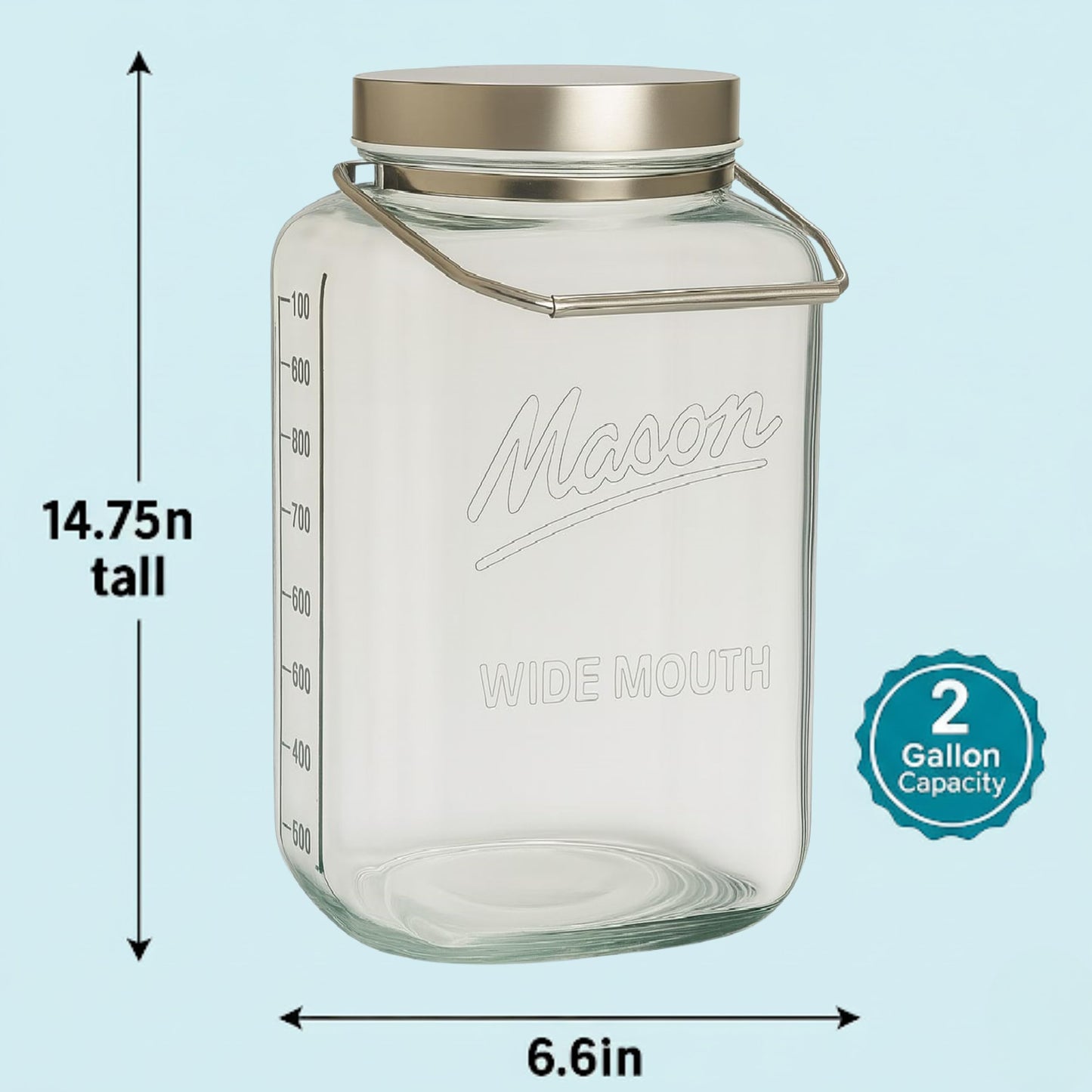 kitchentoolz Large 2 Gallon Glass Mason Jar with Big Airtight Metal Lid and Carry Handle – Wide Mouth Square Container with Measurements for Dry Goods, Bulk Storage, and Food Prep