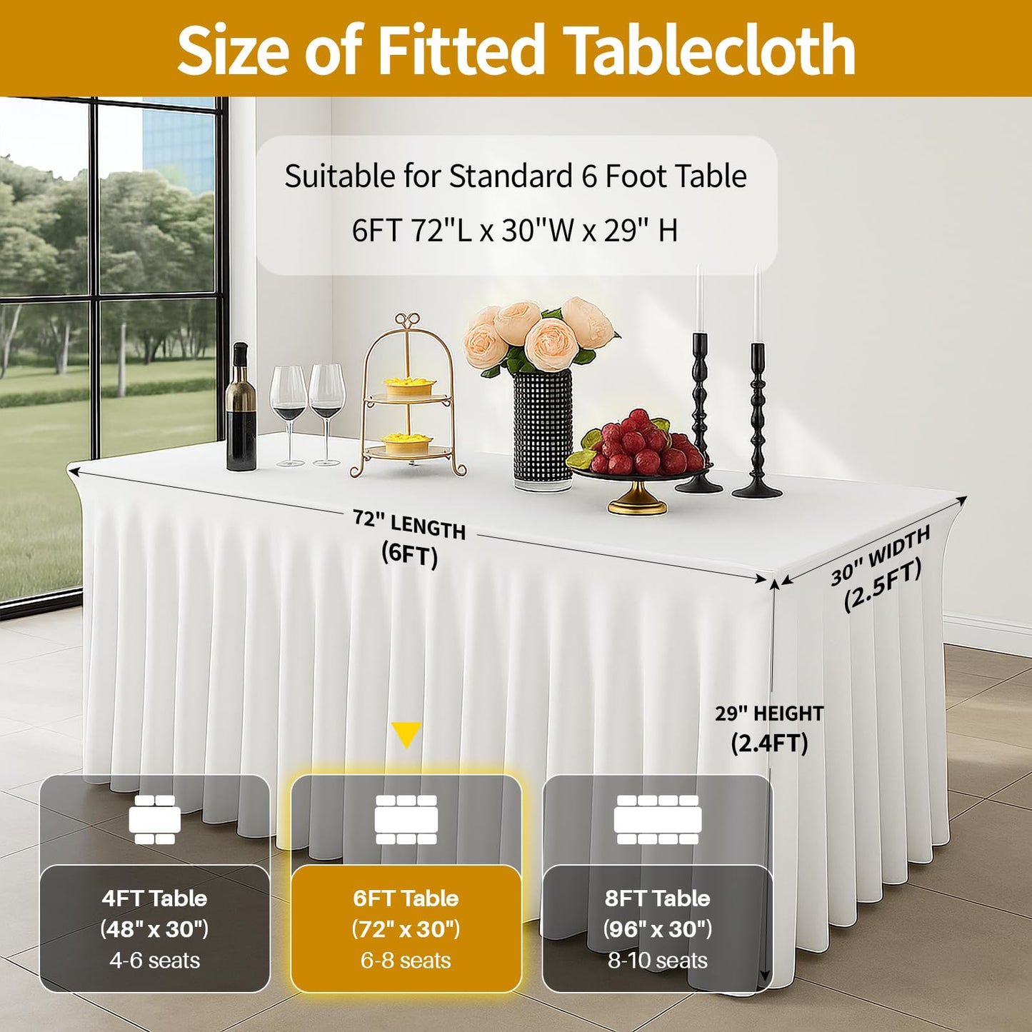 Deep Dream 2 Pack White Spandex Table Covers 6 Foot, Fitted Stretch Tableclothes 30x72 Inch, Wrinkle Free 6FT Fitted Table Clothes with Skirt for Party, Banquet, Wedding and Events