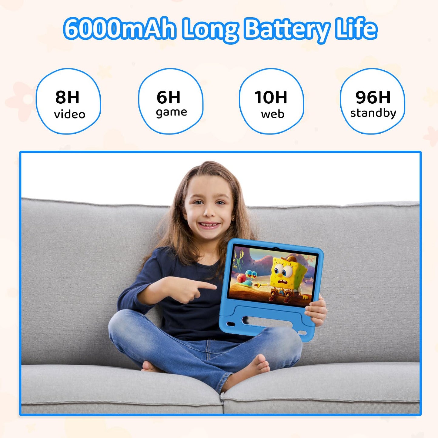 WXUNJA Kids Tablet, Android 14 Tablet for Kids 10.1 inch, 2024 Toddler Tablet Octa-Core 64GB 1TB Expandable,Children's Tablet with Case, Support Parental Control/Dual Camera/Dual Band WiFi - Blue