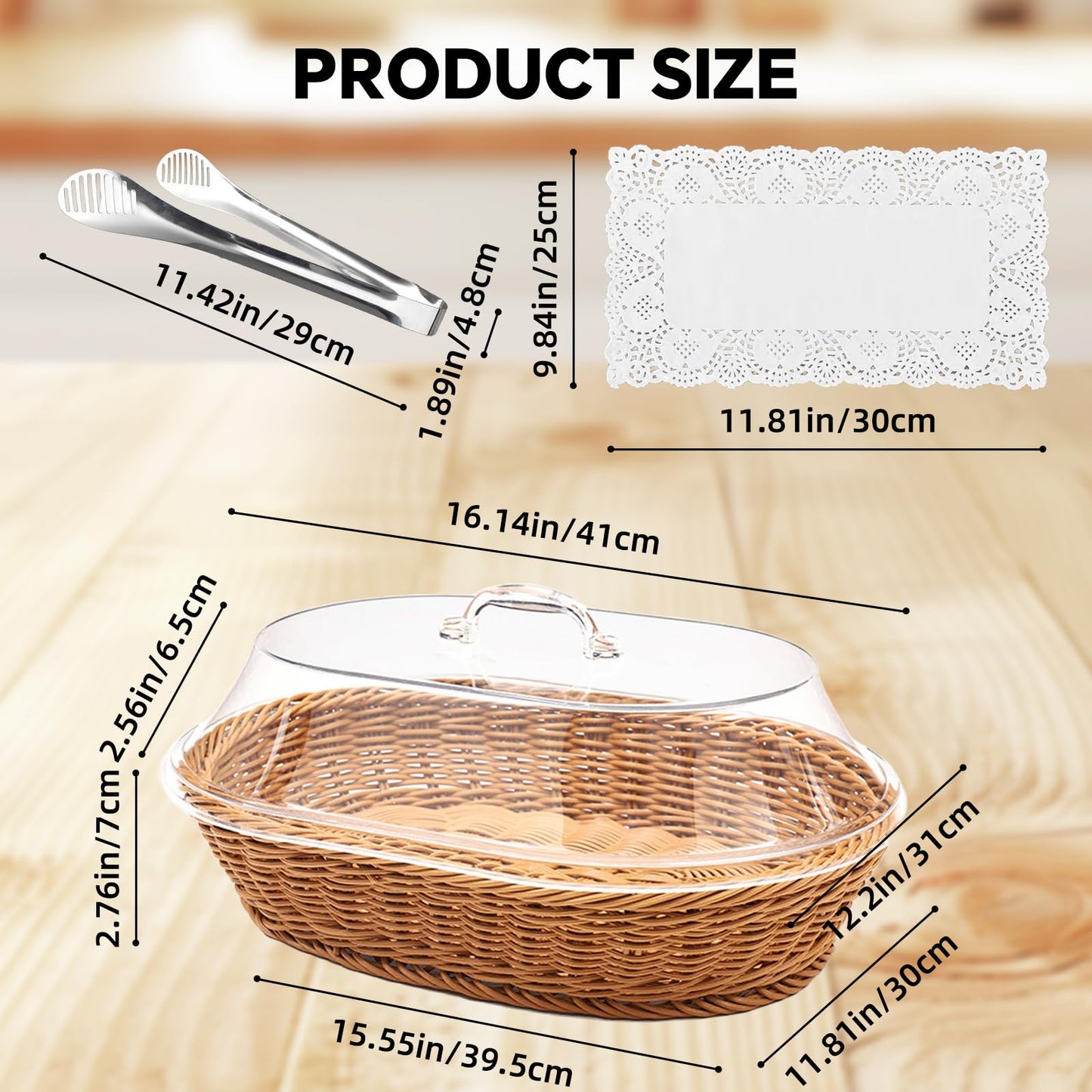 Rattan Bread Baskets, 2 Pack, Oval Woven Baskets with Acrylic Lids, 15.75 x 11.81 inches, Stainless Steel Tongs, Lace Doilies, for Bread, Fruit, Food Display