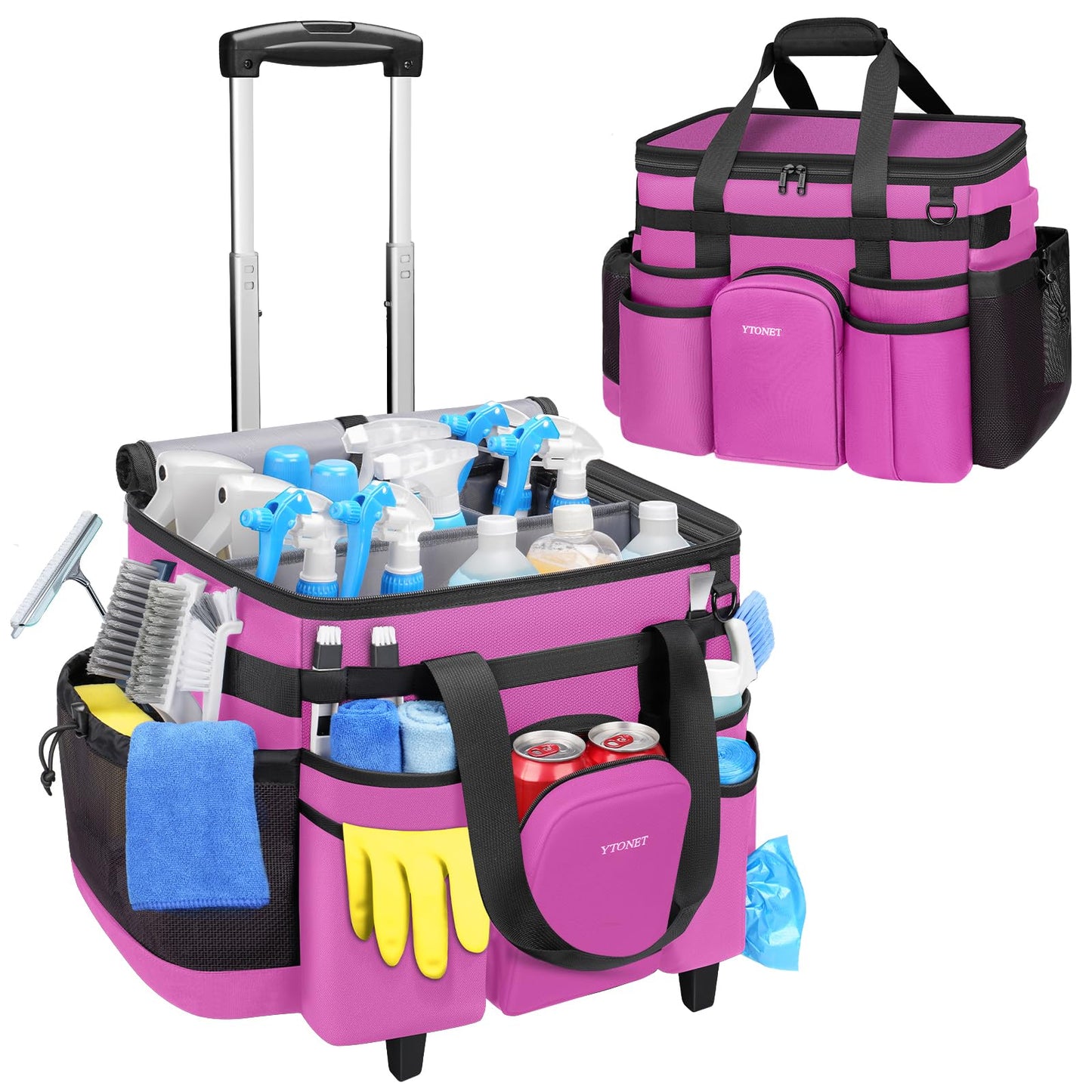 Ytonet Cleaning Caddy with Wheels, Large Rolling Caddy Bag with Detachable Trolley for Housekeepers, Water Resistant Cleaning Cart Supplies Organizer for Home, Car, Tool Organizer, Mobile Storage