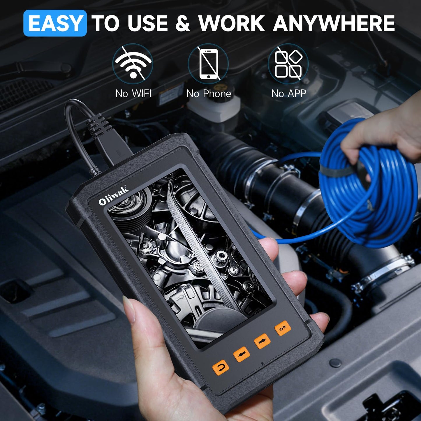 Oiiwak Endoscope Camera with Light, 5.5 mm Borescope, 4.3" IPS Screen HD Digital Snake Inspection Camera, IP67 Waterproof for Drain, Plumbing, Wall, Automotive- 3.5 m/11.5 ft