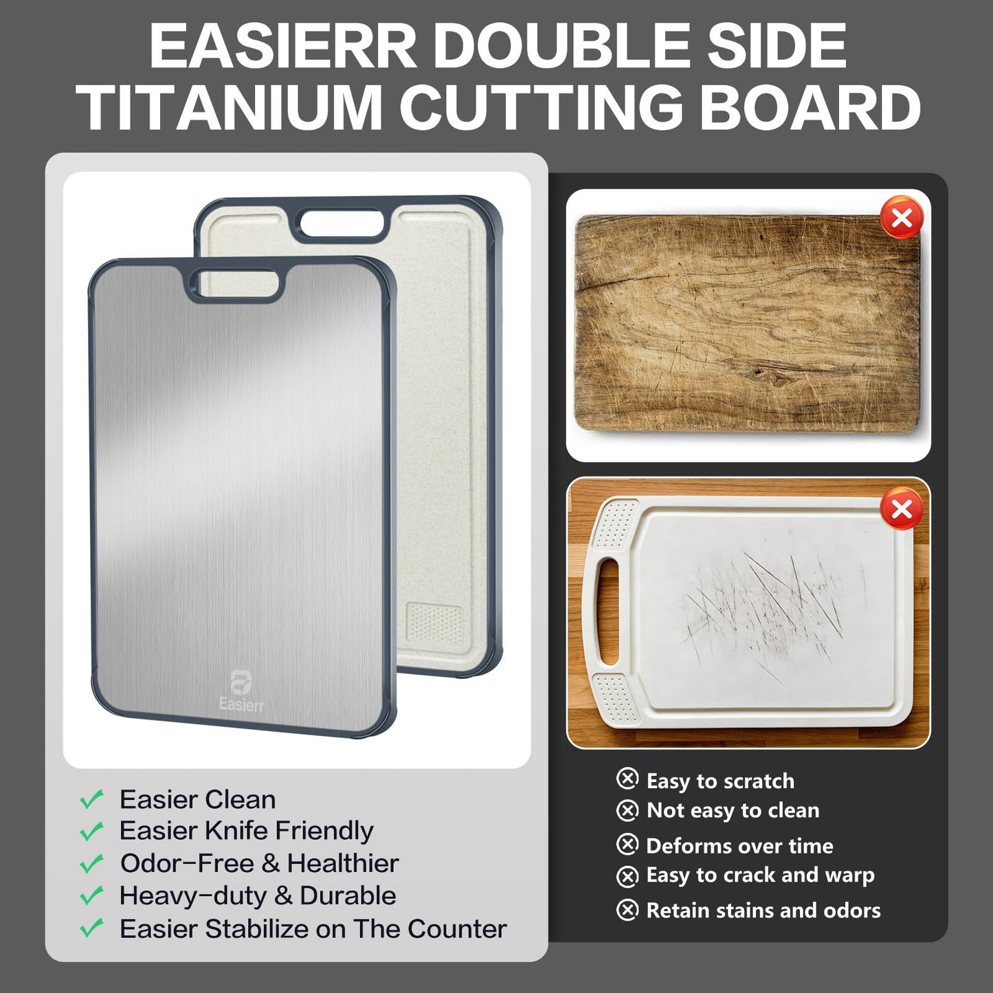 Easierr Extra Large Titanium Cutting Board for Kitchen with Juice Groove, Non Toxic 2-in-1 Cutting Boards for Chopping, Serving, Bread, Meat, Veggies, Pure Titanium and Wheat Straw PP, 17 x 12 inch