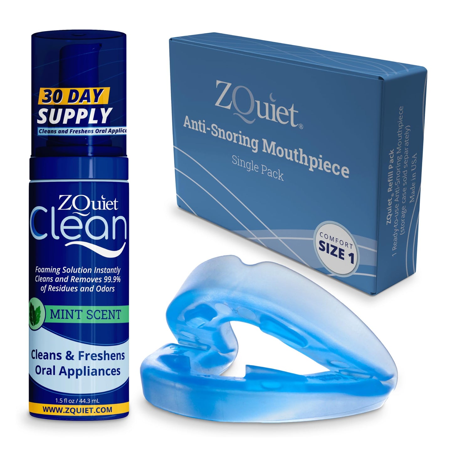 ZQuiet Anti-Snoring Mouthpiece Solution - Comfort Size #1 (Single Device) + Cleaner (1.5oz Bottle) - Made in USA Snoring Solution for a Better Night’s Sleep (Blue)