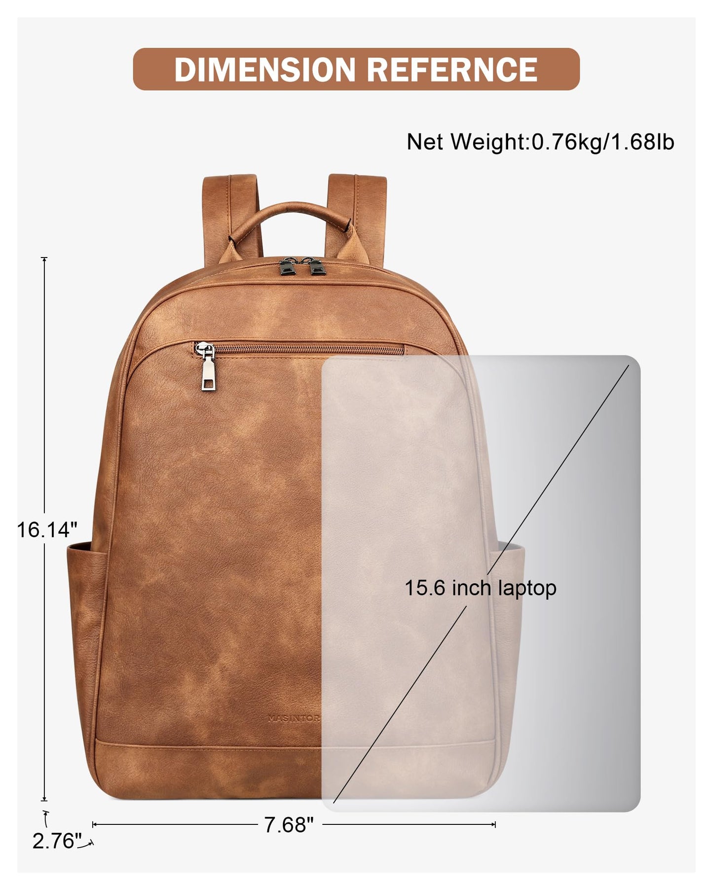 MASINTOR 15.6 inch Leather Laptop Backpack Purse for Women, Designer Travel and Work Bag with Laptop Compartment Mocha Brown