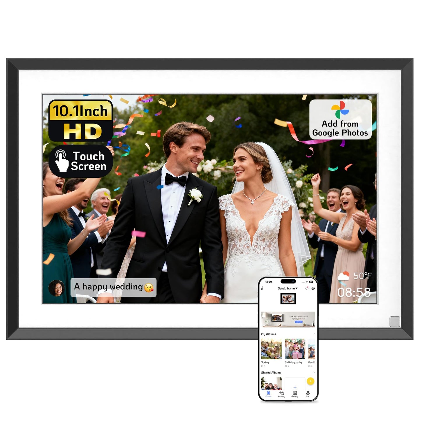 NexFoto 10.1” Digital Picture Frame 64GB, HD Touchscreen WiFi Electronic Photo Frame, Add Pics from Google Photos, Share Photos/Videos via APP/USB, Unboxing Gift Mode, for Mom/Birthday, Black