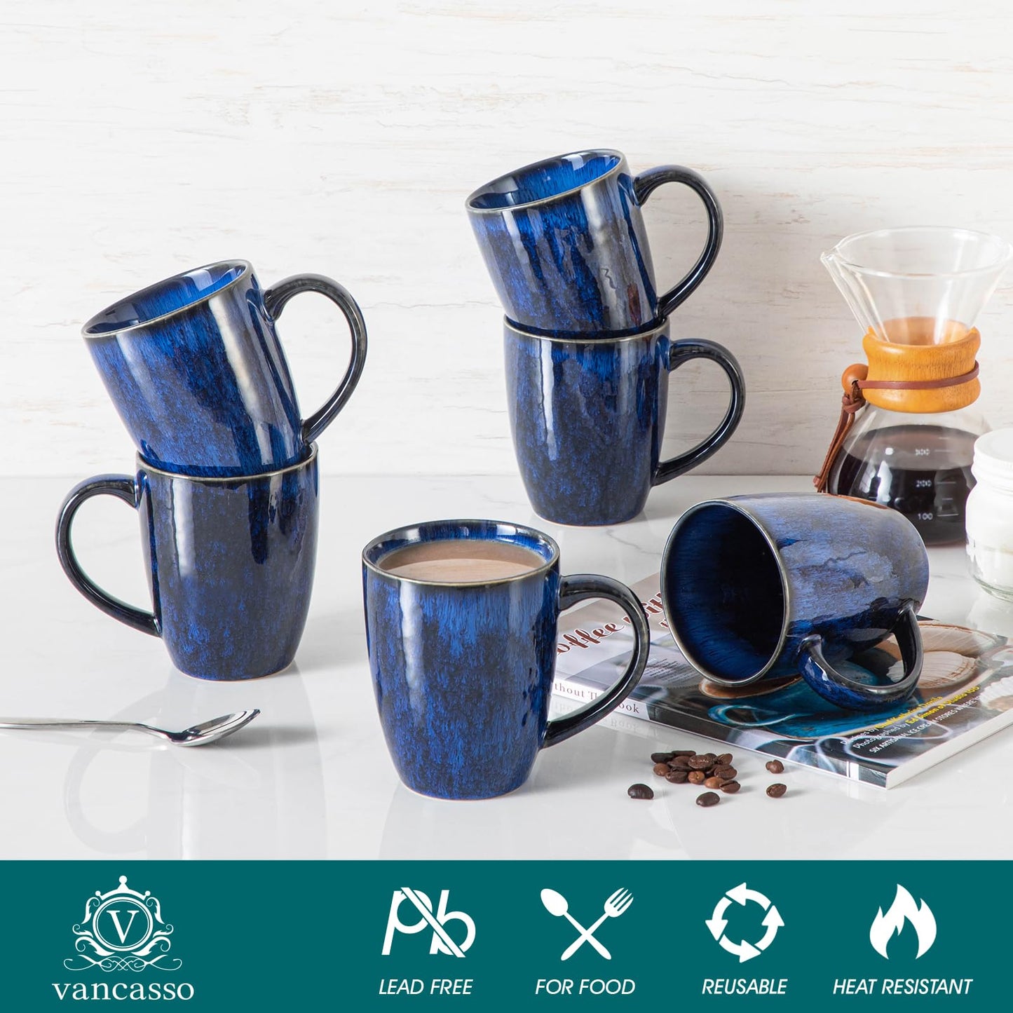 vancasso STARRY Ceramic Coffee Mug Set of 6, 16 Oz Tea Cups with Handle for Latte, Tea, Cappuccino, Milk, Cocoa, Microwave&Dishwasher Safe, Blue