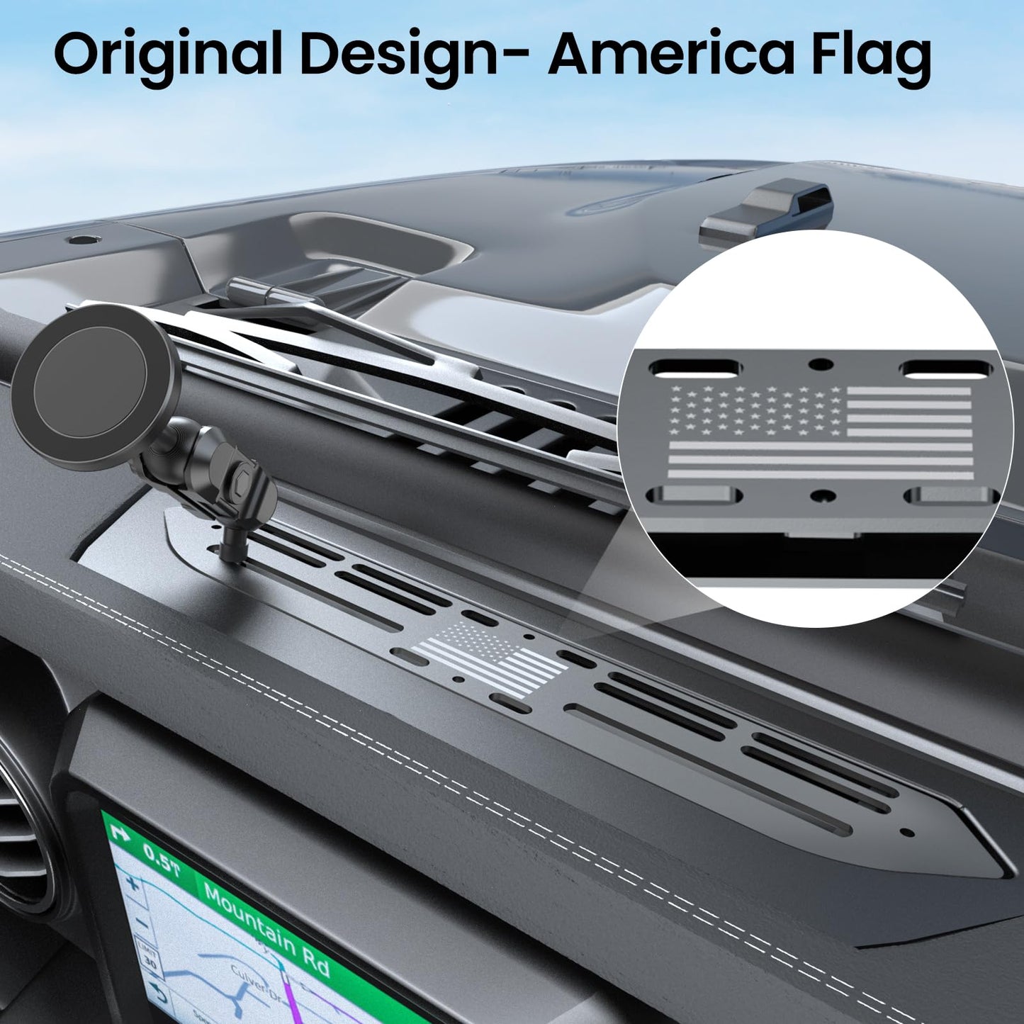 SwiftGaze Stainless Steel Phone Mount for 2018-2023 Wrangler JL (NOT 4xe)&2020-2023 Gladiator Magnetic&Clamp Dual Heads All-Metal Shakeproof Original America Flag Design OEM Screws Dash Mount Install