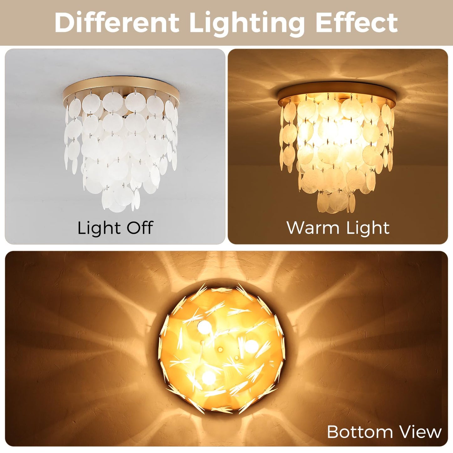 PUZHI HOME 11.8 Inch Gold Flush Mount Ceiling Light Fixture with Natural Capiz Shells, Dimmable 3-Light Modern Coastal Lighting for Bedroom, Living Room, Kitchen, Dining Room, Hallway, Closet