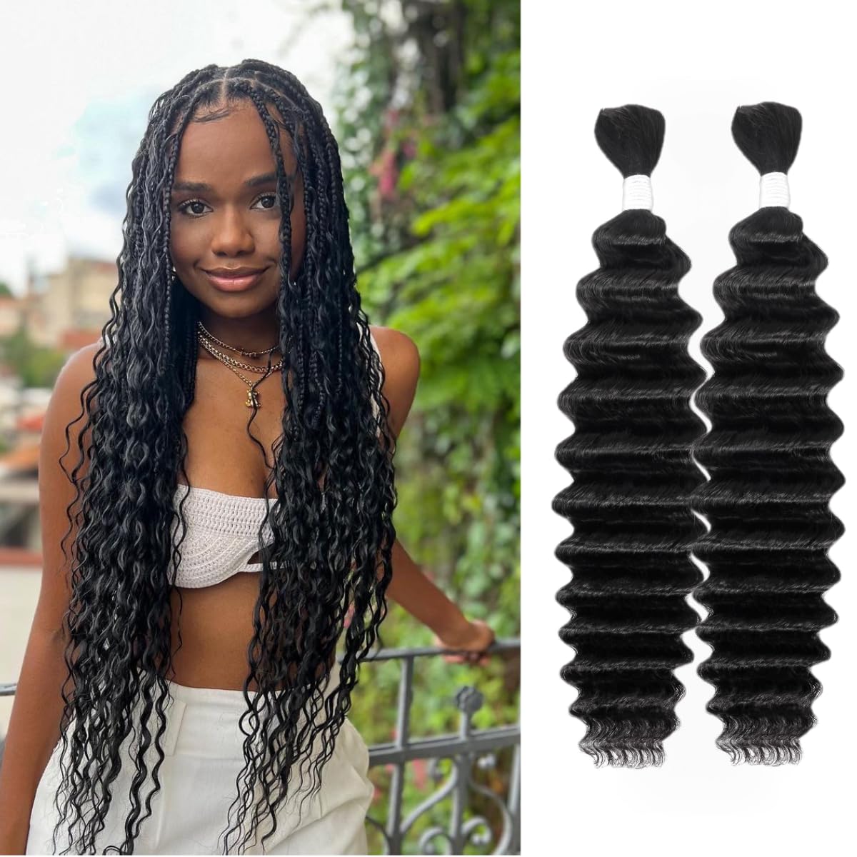 Human Braiding Hair Deep Wave Bulk Human Hair for Braiding No Weft 2 Bundles 100g 18Inch 10A Brazilian Virgin Human Hair Braiding Hair Extensions Curly Bulk Human Hair for Boho Braids