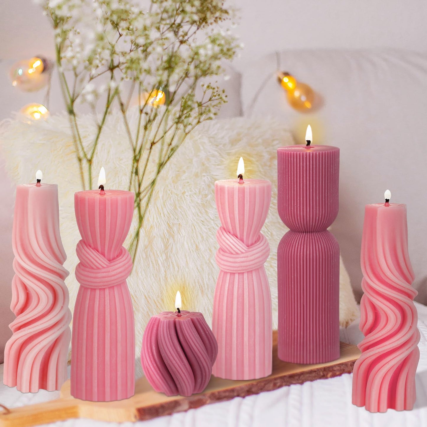Threlaco 6 Pcs Pillar Candles Modern Aesthetic Ribbed Decorative Candle Set Cute Soy Wax Scented Ribbed Decor for Home(Pink,2.36-6.89 Inch)