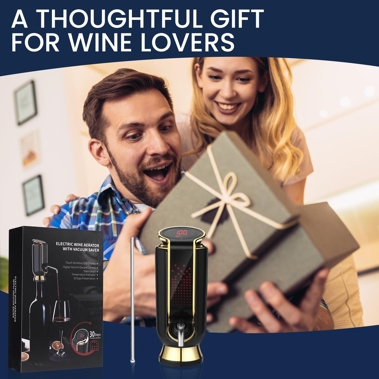 BLUBYEES Luxurious 4-in-1 Electric Wine Aerator, Decanter, Dispenser & Vacuum Saver with LED Display - Wine Pourer Gift for Women and Wine Lovers