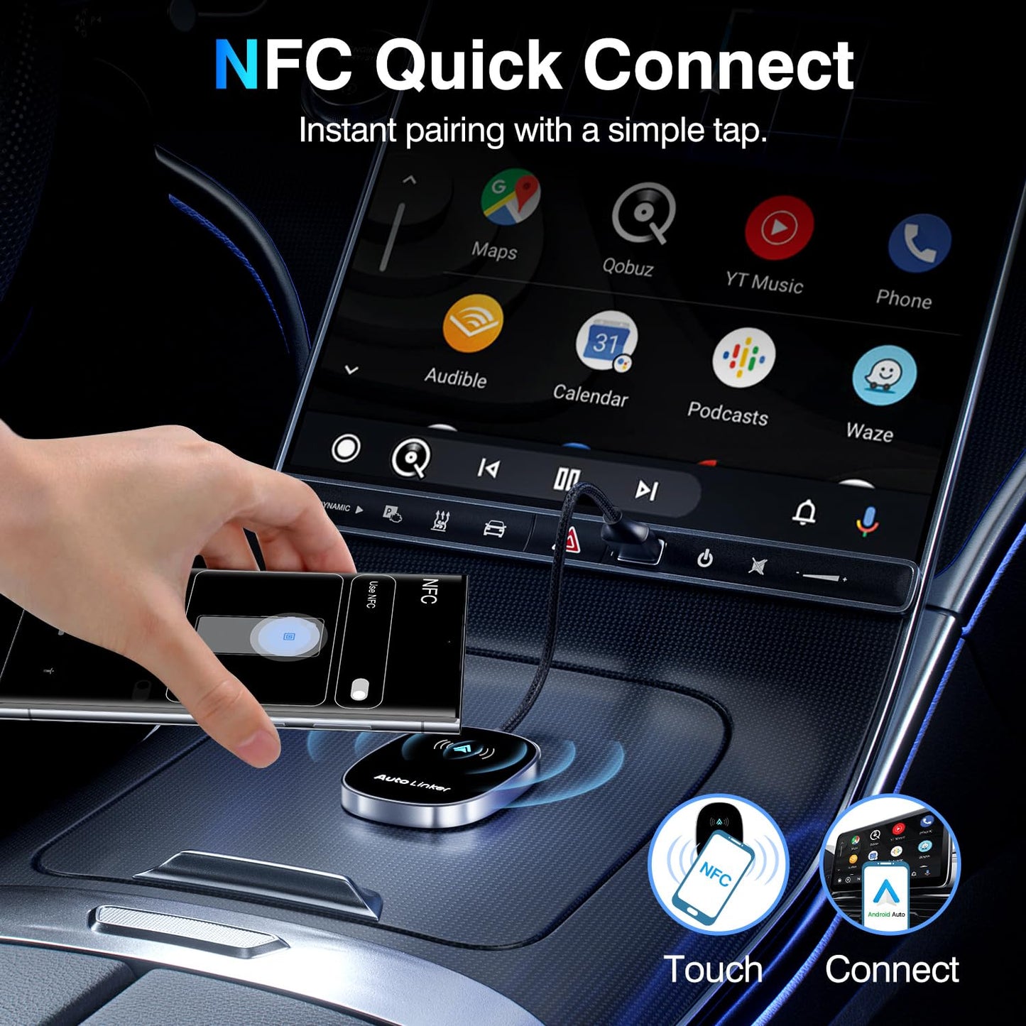 Android Auto Wireless Adapter for Cars with Built-in Wired Android Auto Easy Setup Support NFC Pair Fast Seamless Connection Stable Plug and Play Wireless Android Auto Car Adapter Dongle (Black)