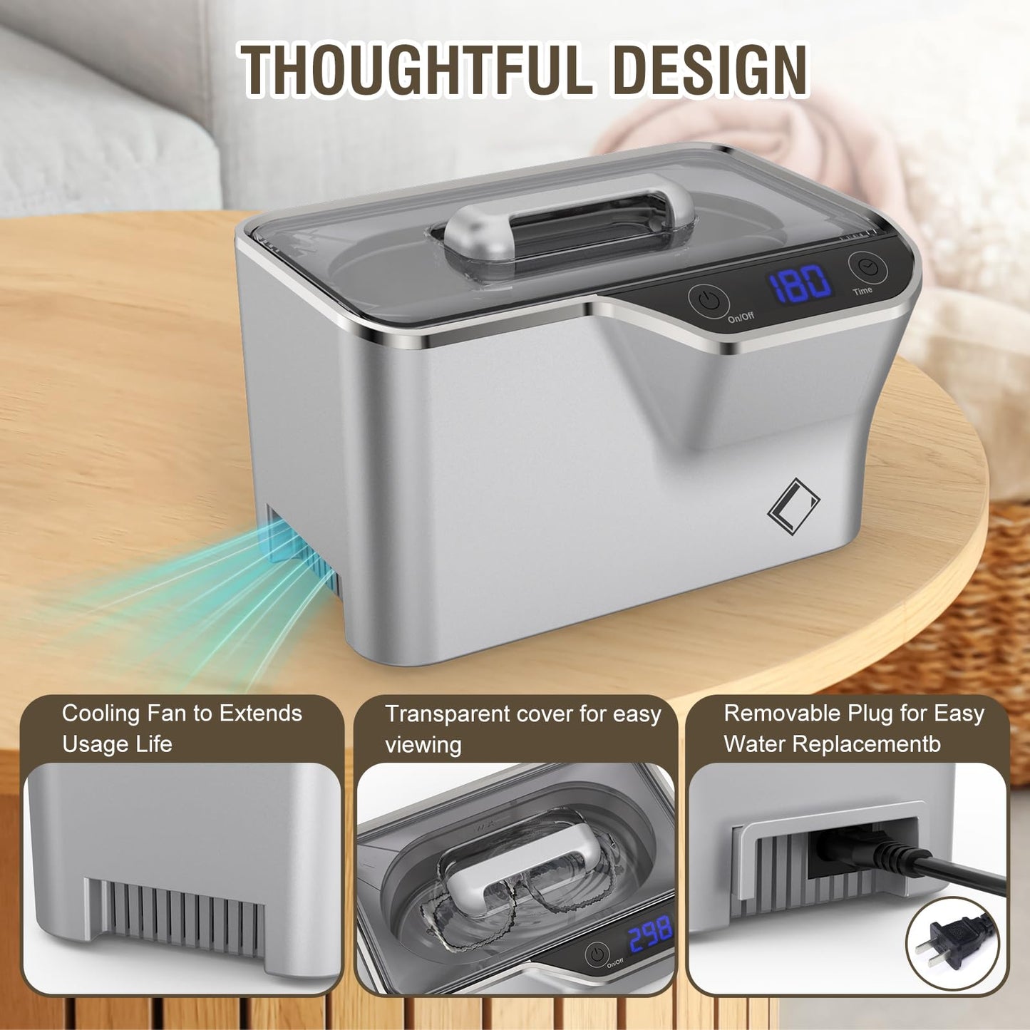 LifeBasis Jewelry Cleaner, Professional Ultrasonic Cleaning Machine 20 Ounces (600ML) Sonic Cleaner with Digital Timer, Watch Holder Glasses Cleaner for Ring, Coin, Watch, Gold Cleaning - Silver