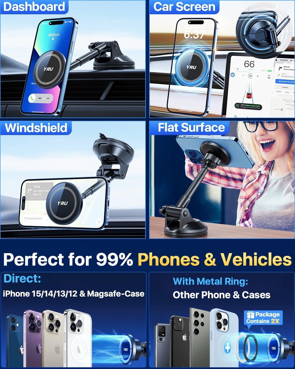 YRU [2025 Upgraded] Magnetic Phone Holder for Car【Patented & Super Magnet】 for MagSafe Car Mount Dashboard Magnet Phone Holder Windshield Phone Stand for iPhone 16 15 14 13 12 Pro Max Samsung, Black