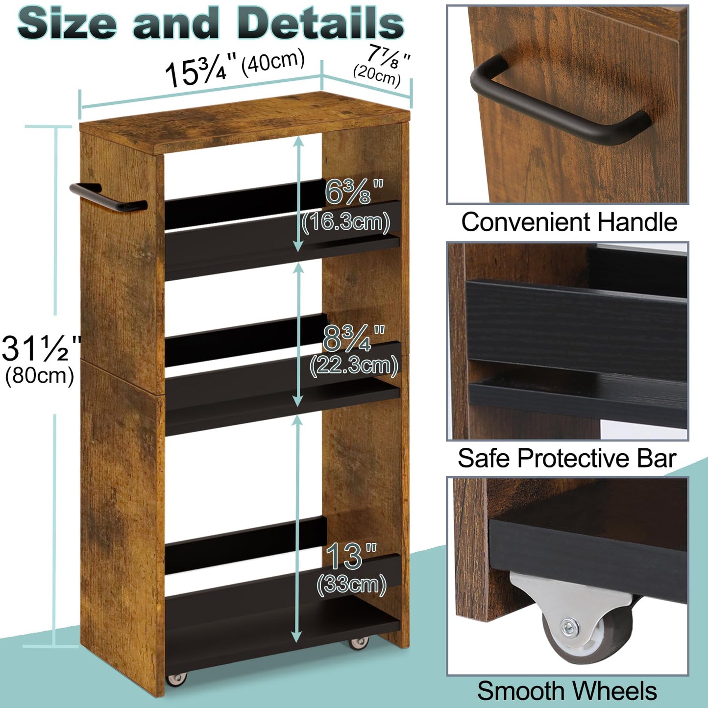 MARTY Rolling Storage Cart 7.9" W, 4-Tier Narrow Kitchen Cart with Wheels Handle, Slim Storage Mobile Shelving Utility Carts for Bathroom Laundry Room Organization Small Spaces(Rustic Brown)