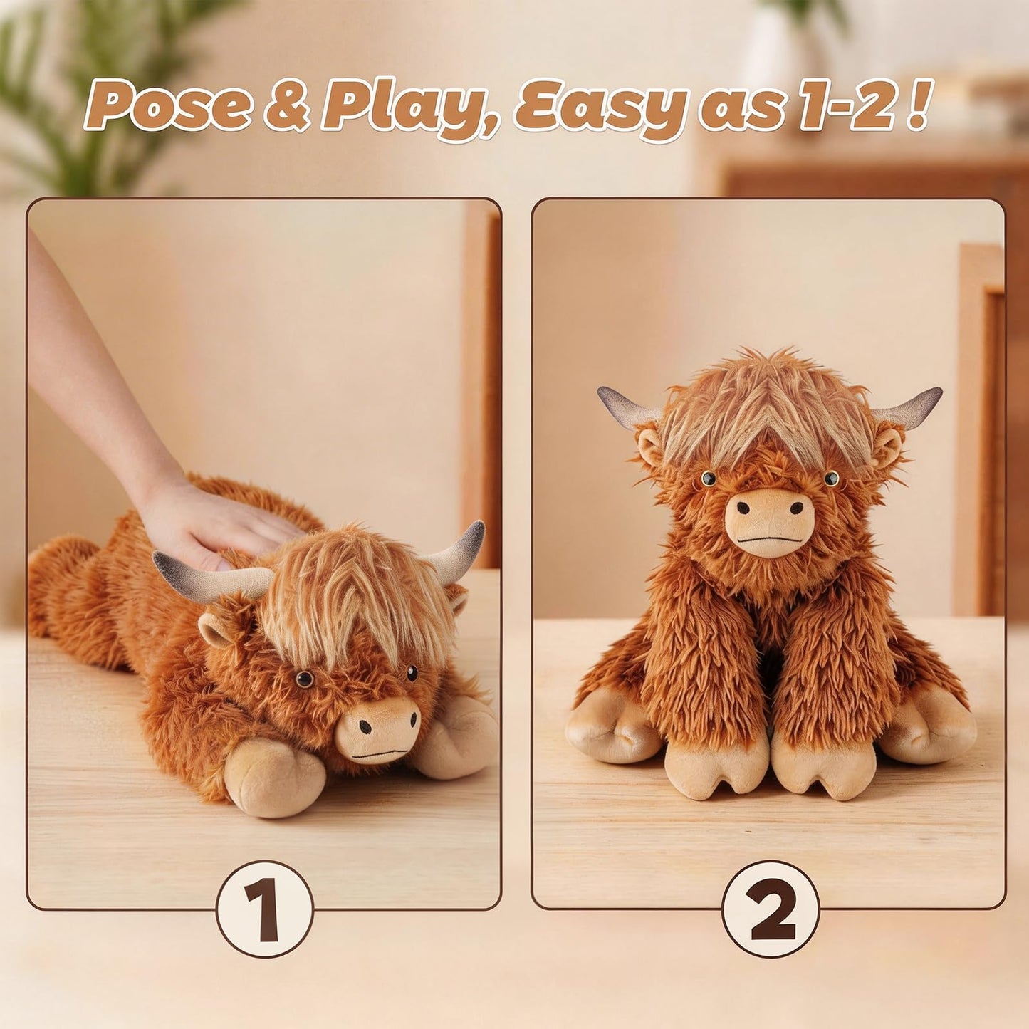 24" & 4.5 lbs Highland Cow Weighted Stuffed Animal, Adjustable Sitting & Laying Plush Toy Pillows with Removable Ceramsite Bag for Companion, Cuddly & Soft Gifts for Adults, Kids, Boys and Girls