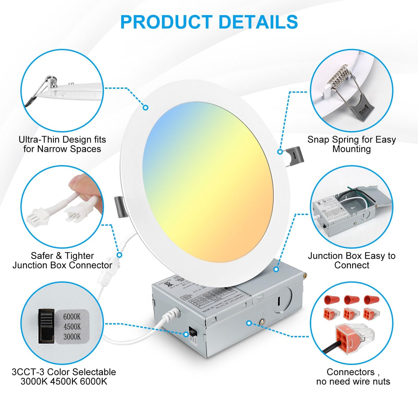 Elaruslux 6 Pack 7 Inch 3CCT Ultra-Thin LED Recessed Light with Junction Box, 3000K/4500K/6000K Selectable, 18W Eqv 125W, Dimmable Ceiling Lights 1600LM Brightness Canless Wafer Downlight