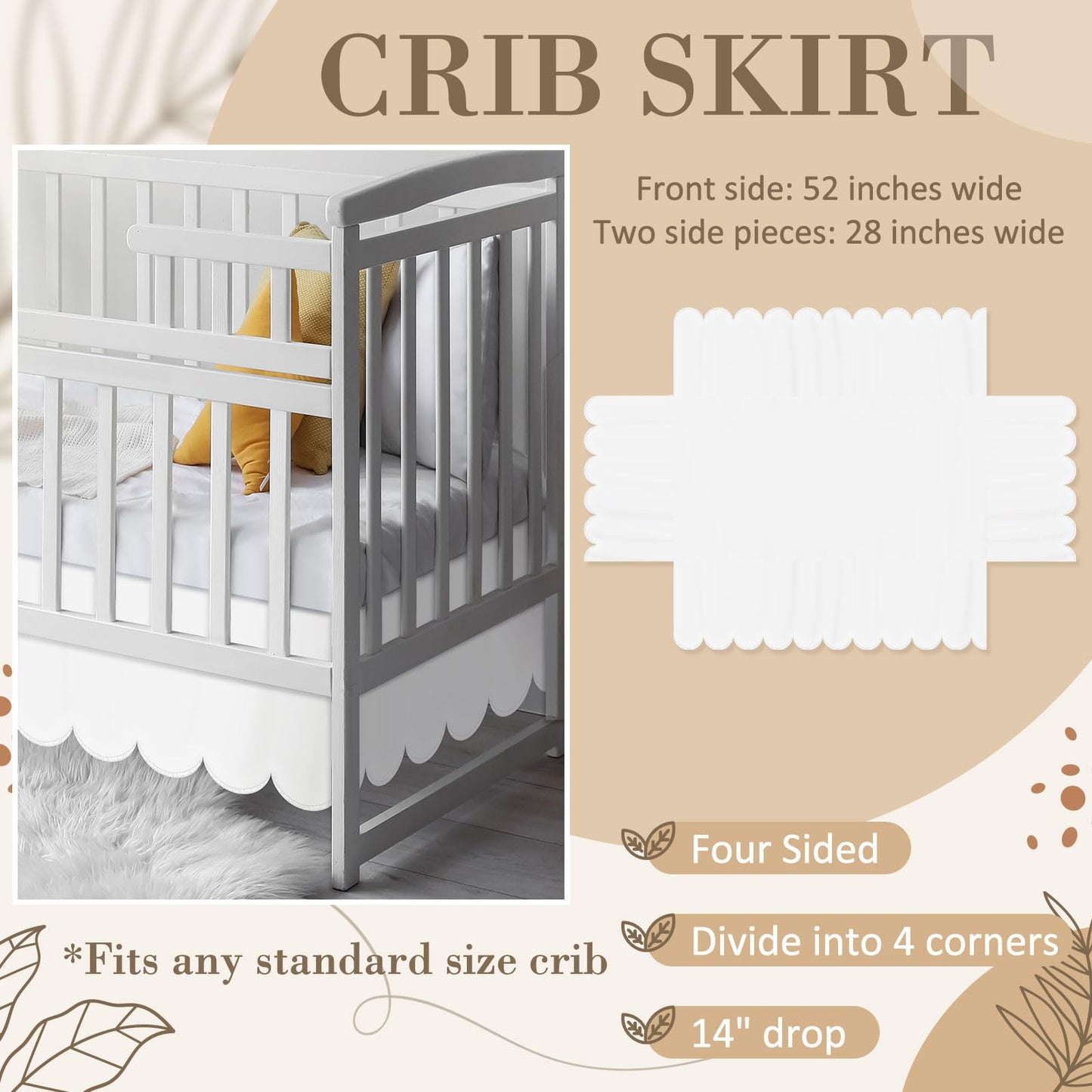 Hahafelt Scalloped Crib Skirt for Baby Girl Nursery, 28"x 52" with 14" Drop, 4-Sided Dust Ruffle, Soft Breathable Fabric, Elegant Nursery Decor, Fits Standard Crib, White