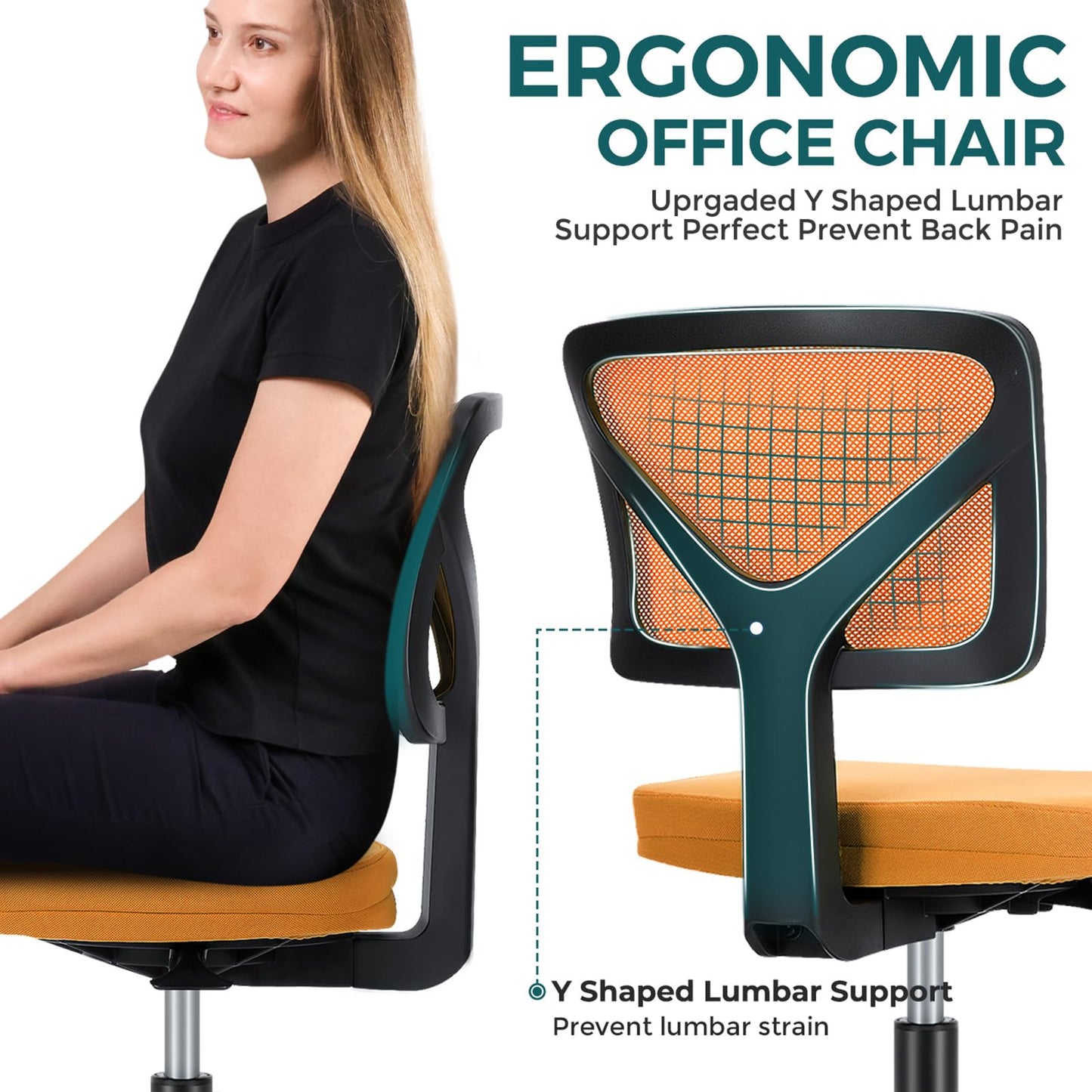 DUMOS Armless Office Chairs with Wheels, Ergonomic Adjustable Home Desk Swivel Rolling Task Chair No Arms, Comfy Mesh Mid Back Computer Work Vanity Desk Chairs for Small Spaces, Orange