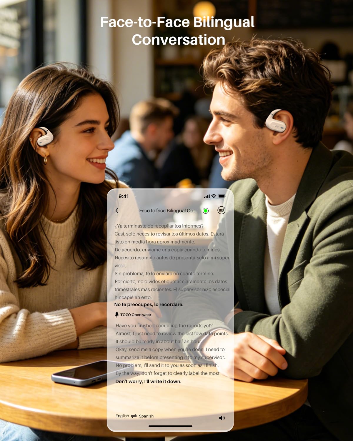TOZO OpenWear Open Ear Earbuds, AI Translation Earbuds Real Time 145+ Languages, 60H Translator Ear Buds Audifonos Traductores Inglés Español, Bluetooth Headphones 5.4 with Smart Display for Office
