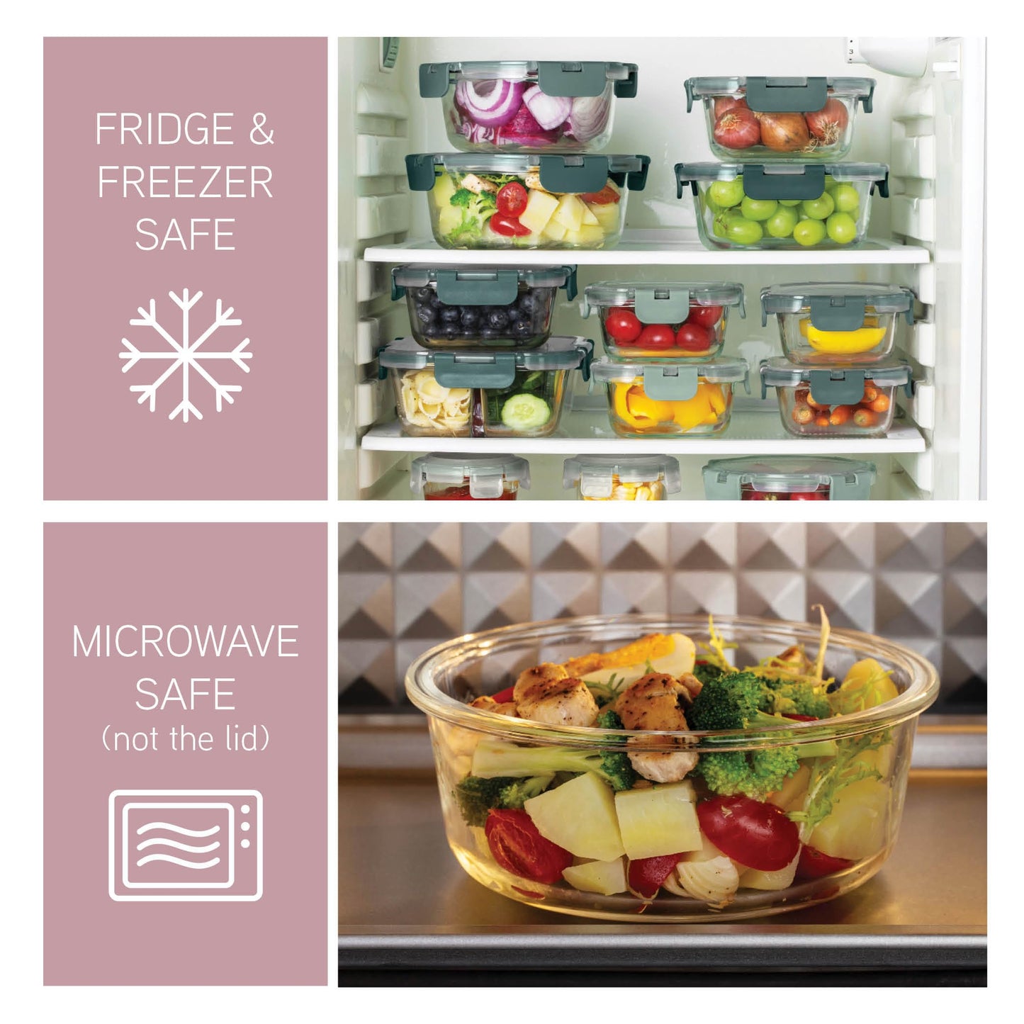 COOK WITH COLOR Premium 32-Pc. Borosilicate Glass Food Container Set with Dividers - 4 Rectangles, 8 Rounds, 4 Squares - Leakproof Lids - Meal Prep, Storage, Pink