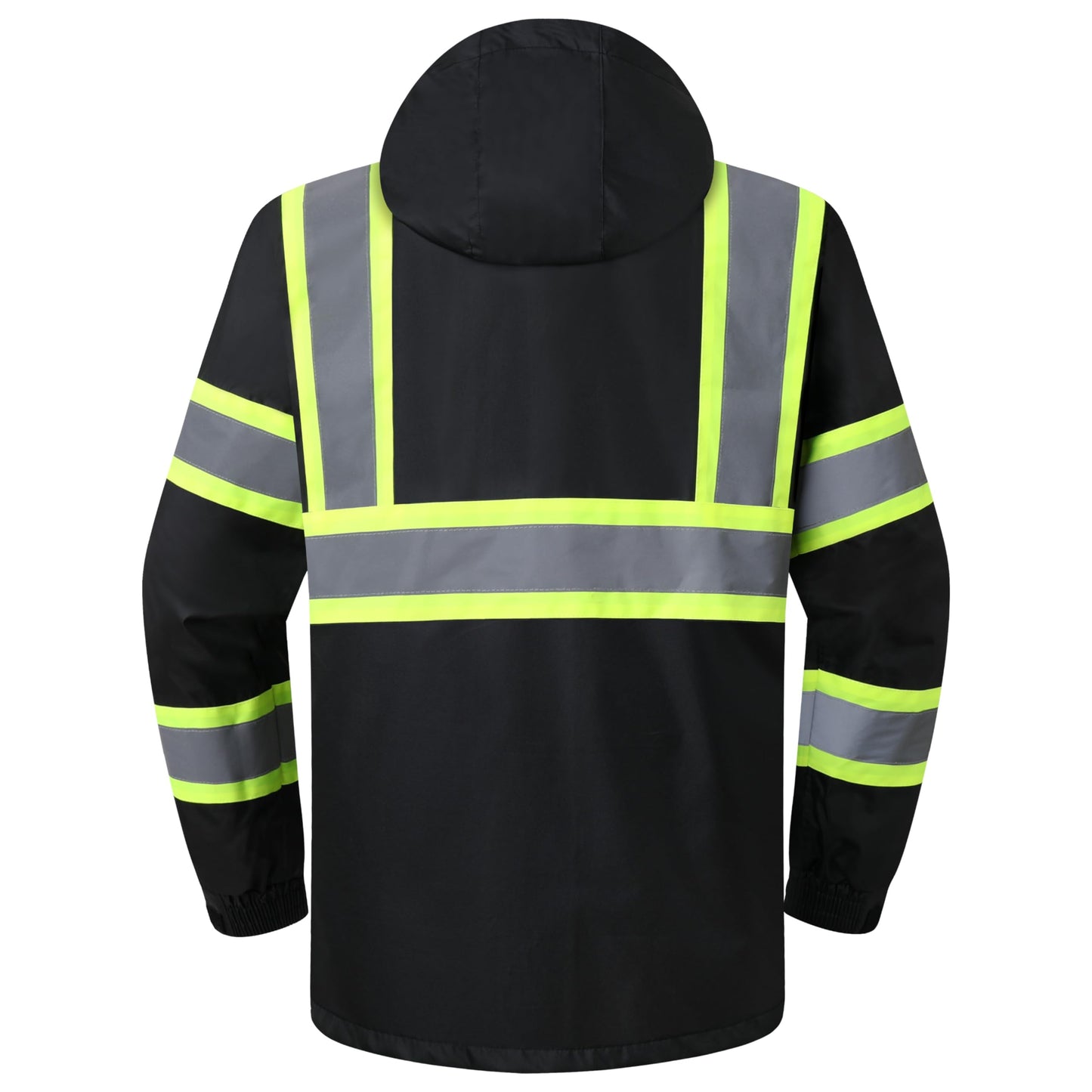JKSafety Hi-Vis Reflective Safety Rain Jacket and Pants for Men Women Waterproof Rain Gears for Farming Fishing Work HV Rain Suit with Inner Mesh Lining and Pockets (117-Black XL)