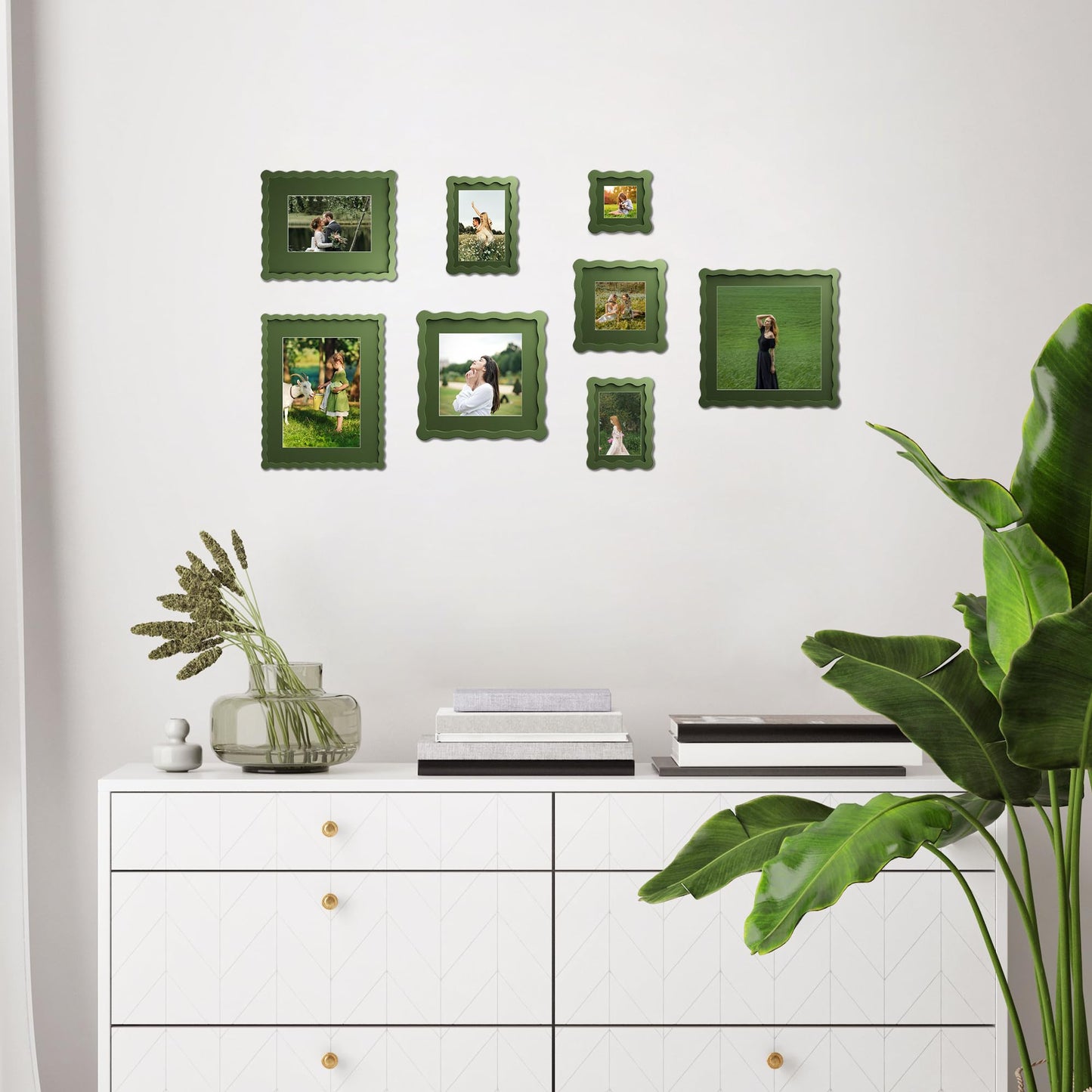 Chrspk 11x14 Wavy Picture Frame With Mat For 8x10, Wavy Edge Wooden Picture Frame with Real Glass - Wall Mount Display, Green, 2 Pack