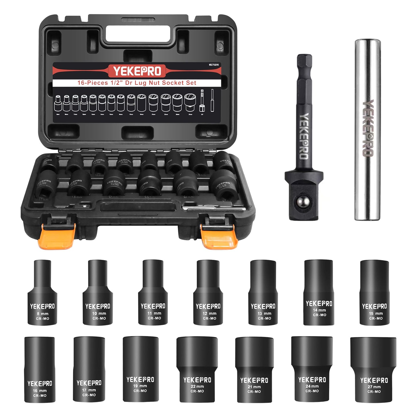 YEKEPRO 16PCS Bolt Extractor Set, 1/2" Drive Impact Twist Socket Set, Stripped Bolt Extractor for Removing Damaged, Frozen, Rusted, Rounded-Off Bolts, Nuts & Screws, Cr-Mo Steel