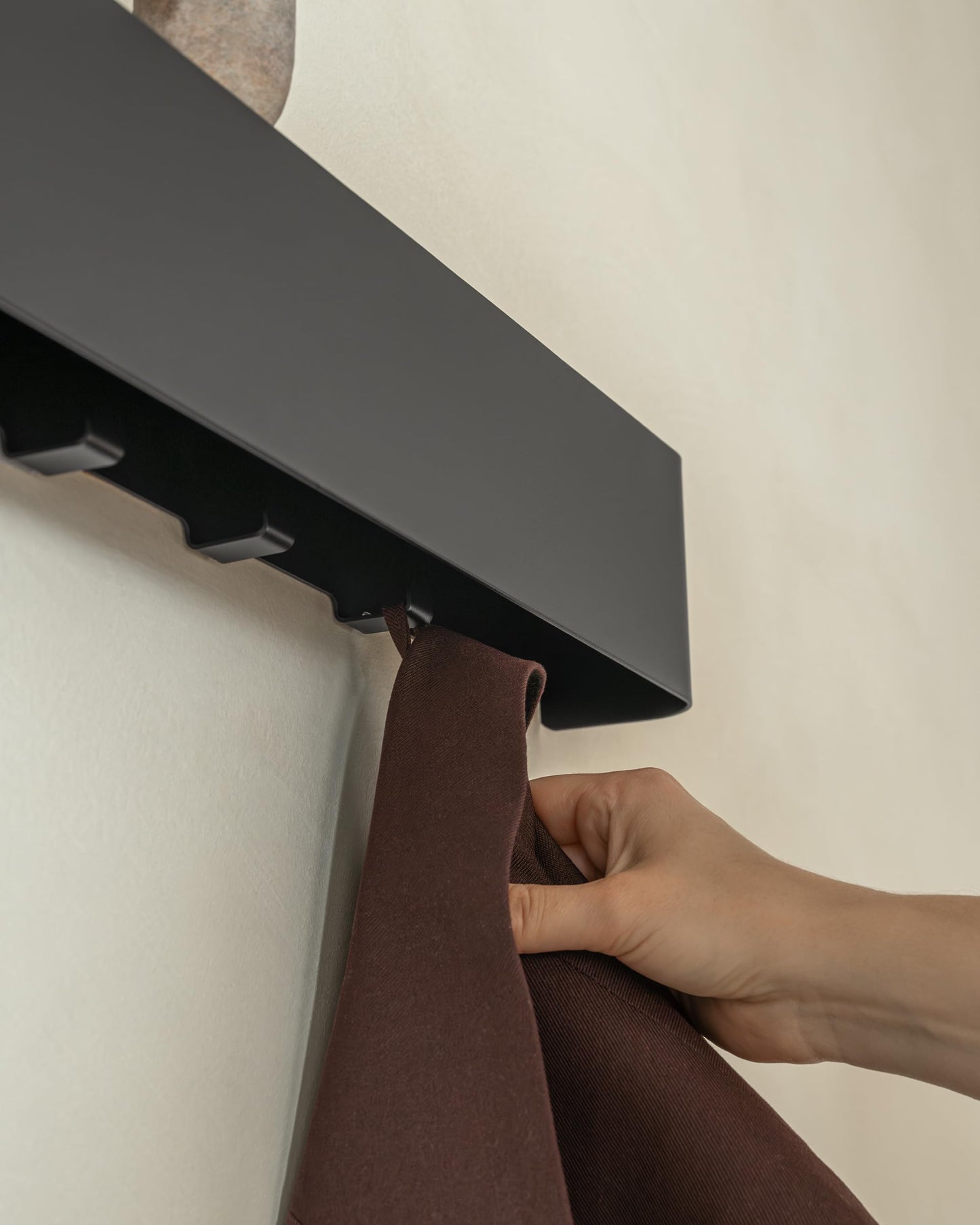 Kazai. Coat Rack Wall Mount with Shelf 'Tone' | Modern Design Coat Hanger with Hidden Hooks and Storage | Hat Rack with Shelf in Metal | Wall-Mounted Purse Organizer | Black