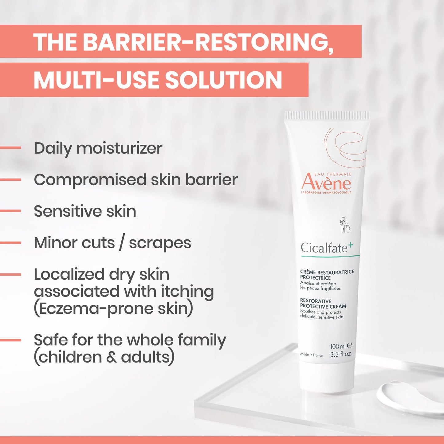 Avene Cicalfate+ Restorative Protective Cream, postbiotic skincare for sensitive skin, helps restore skin barrier, face and body, safe for infants, children and adults, 3.3 Fl Oz