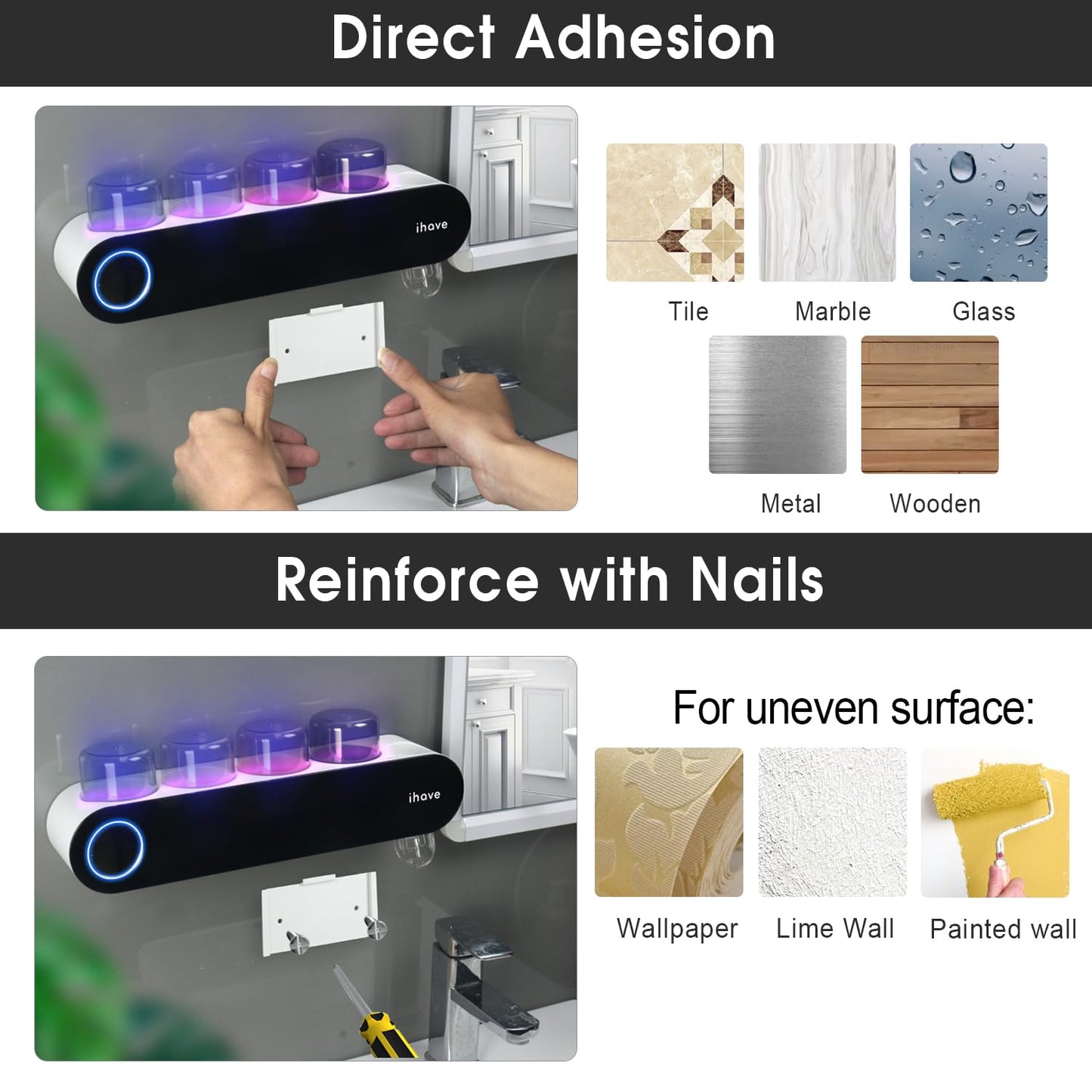 iHave Toothbrush Holders for Bathrooms, UV Toothbrush Sanitizer and Holder Smart Home Bathroom Accessories, 4 Cups Electric Toothbrush Holder Wall Mounted with Toothpaste Dispenser Bathroom Decor