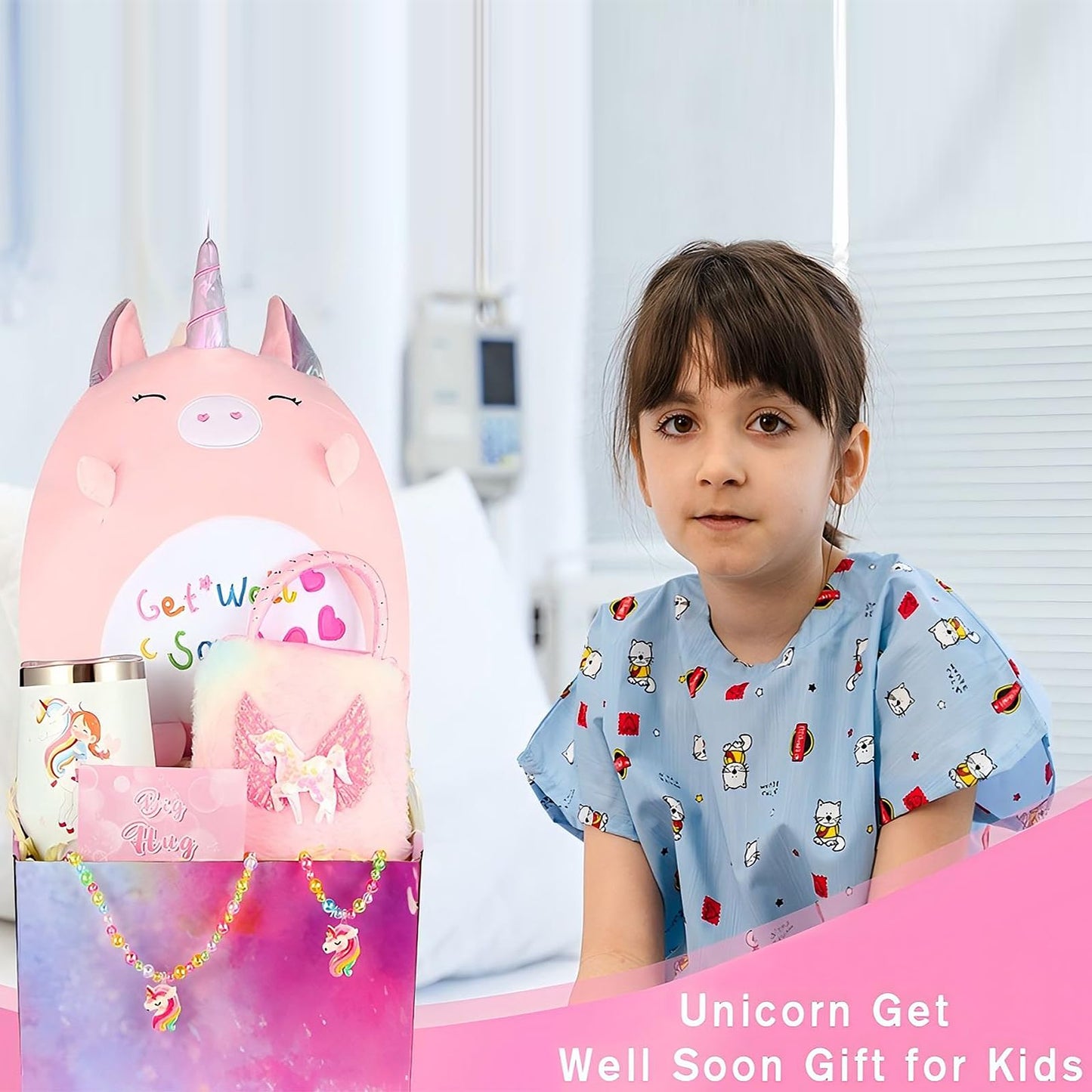 Get Well Soon Gift for Kids, Feel Better Gifts for Kid, Kids Get Well Baskets, Care Package for Girls with Get Well Soon Unicorn Plush Pillow, Get Well Gifts Set for Girls after Surgery