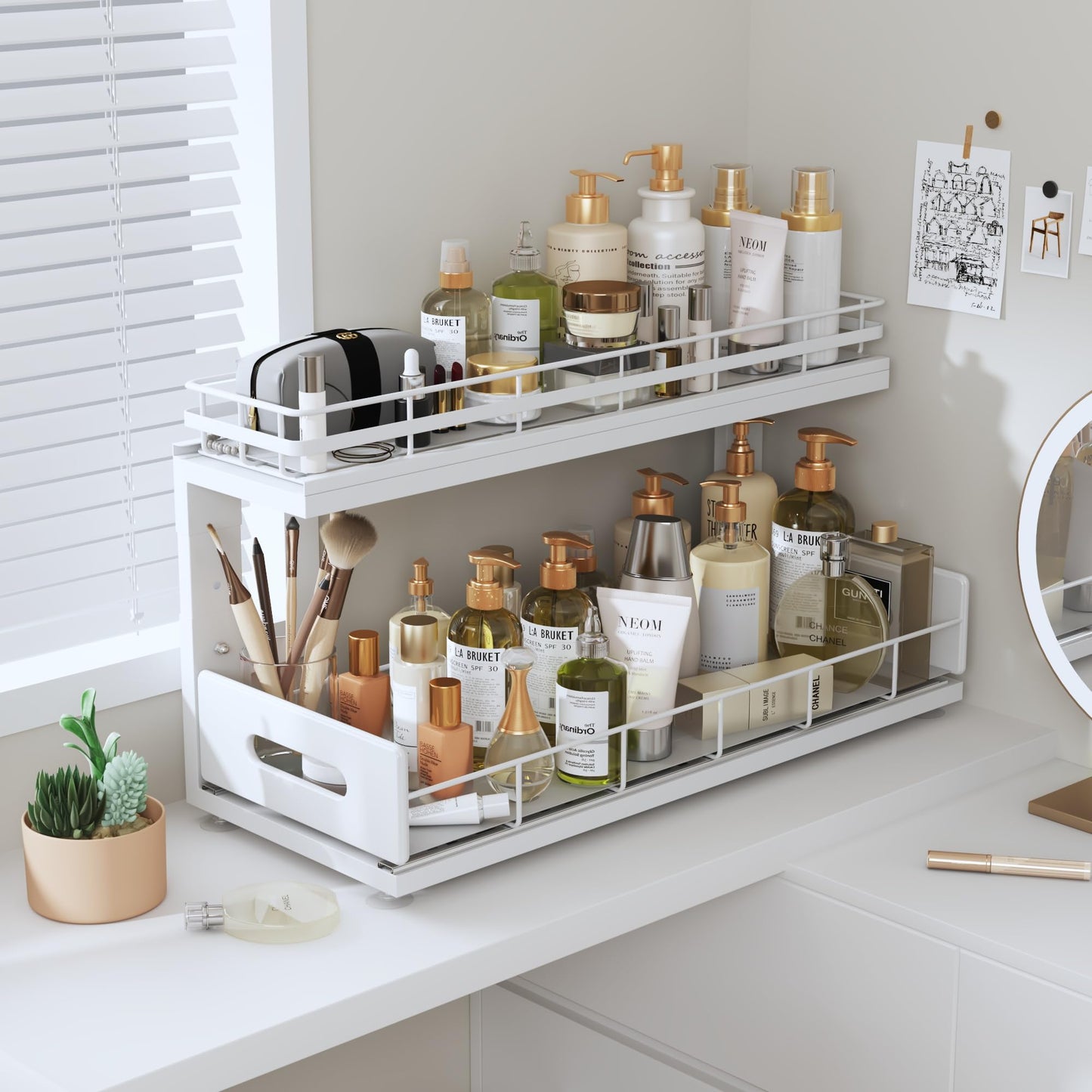 Biboraya Under Sink Organizer Upgrade To Professional Rails,2-Tier Dual Pull Out Cabinet Storage,Height Adjustable Slide Out Drawers For Bathroom Kitchen,2 Pack-18.5"Dx12.8"-16.9"H,White