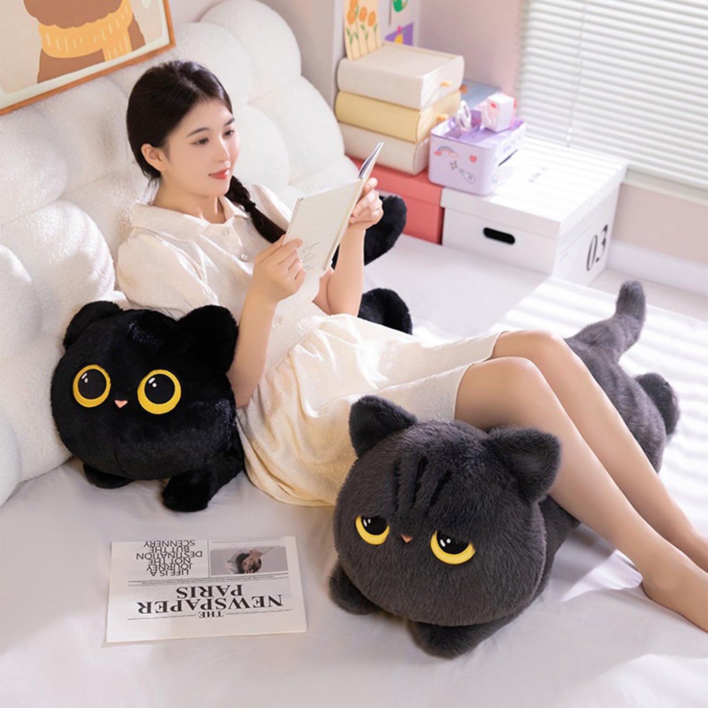 PEACH CAT 35.4" Long Cat Plush Pillow Cute Kitten Stuffed Animals Plushies Toy Gifts for Kids Grey