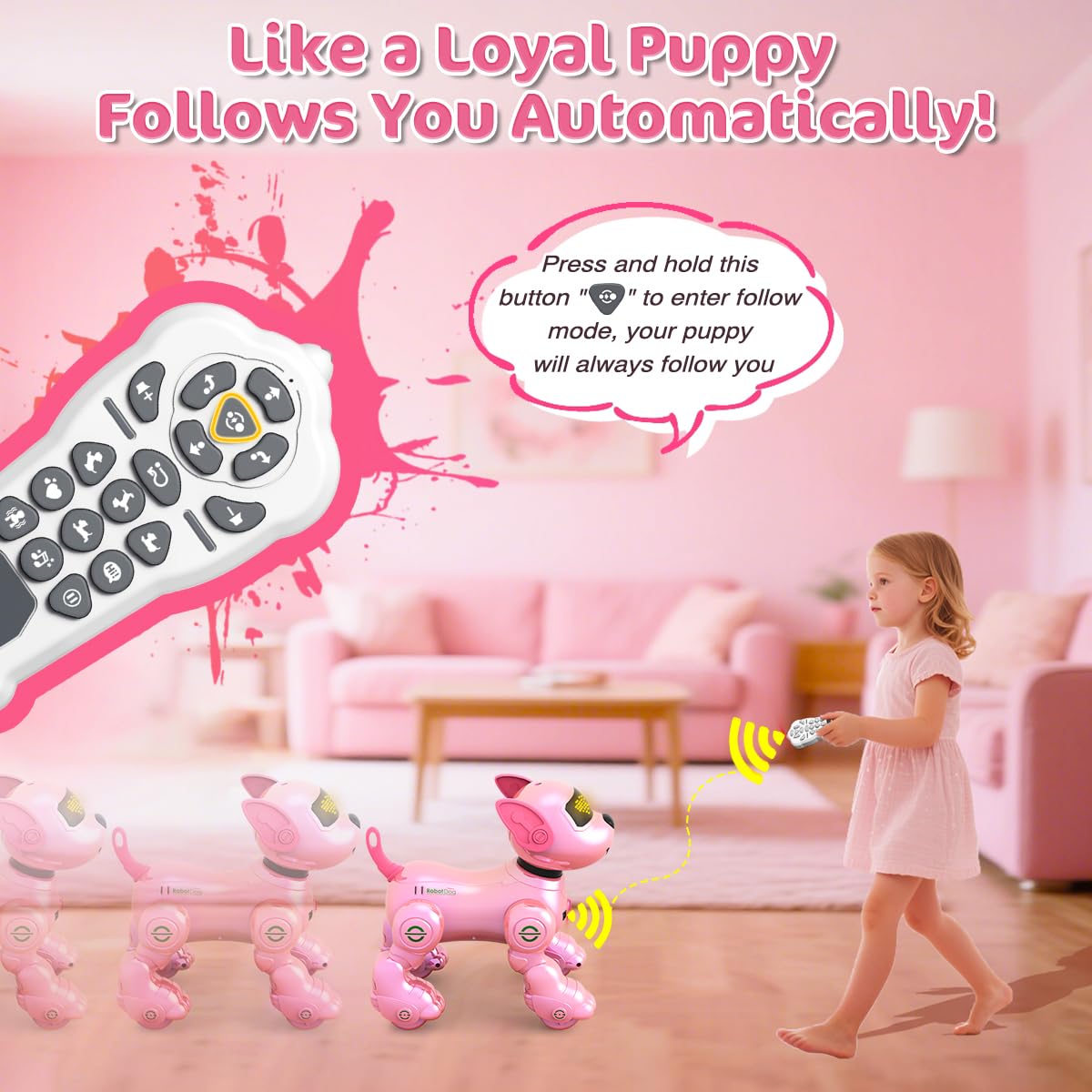 VATOS New Kids Smart Remote Control Robot Dog,17 Fun Interactive Functions Intelligent Programmable Kids Robotic Puppy with 2 Batteries, Singing Dancing Walking Robot Dog Toy for Girls 3-8 Year Pink