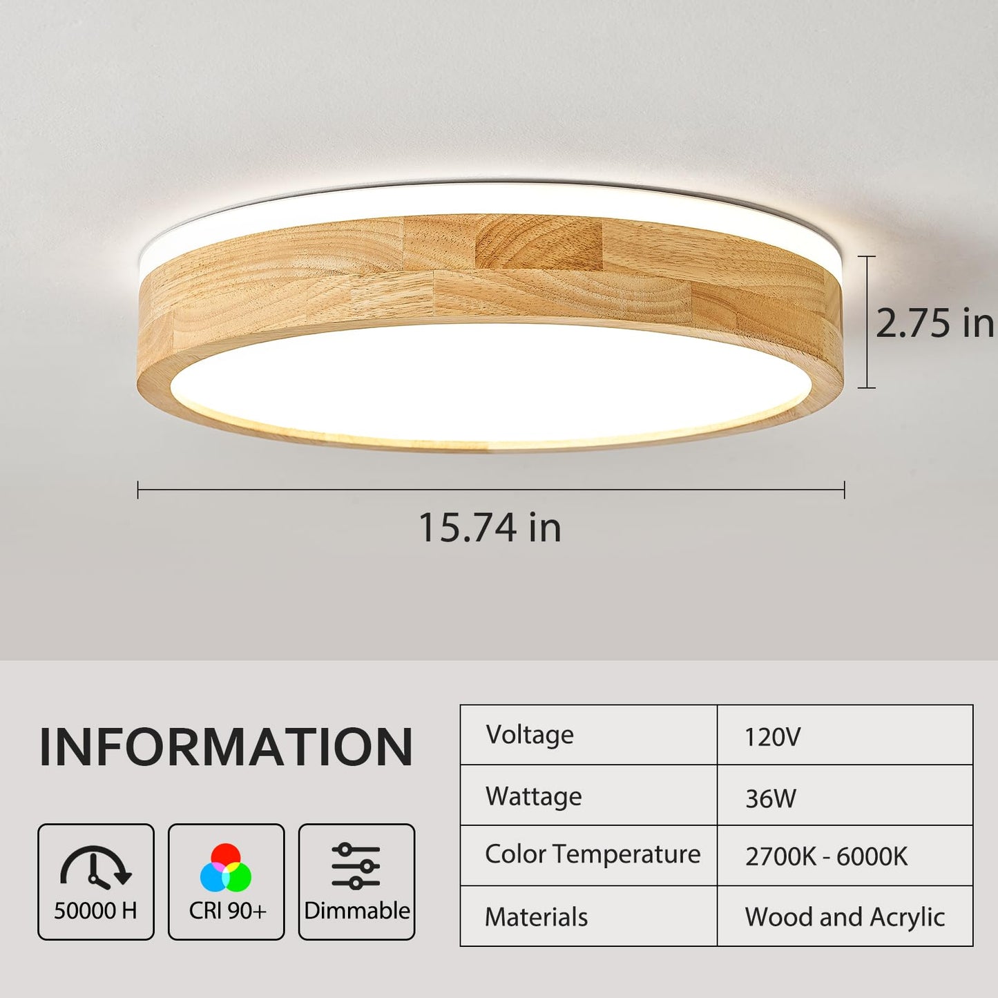 Pevfah Modern Dimmable Wood Flush Mount Ceiling Light, 2700K-6000K 5CCT Round Close to Ceiling Lighting Fixtures, Minimalist LED Ceiling Lamp for Bedroom, Kitchen, Hallway, Living Room-15.74in