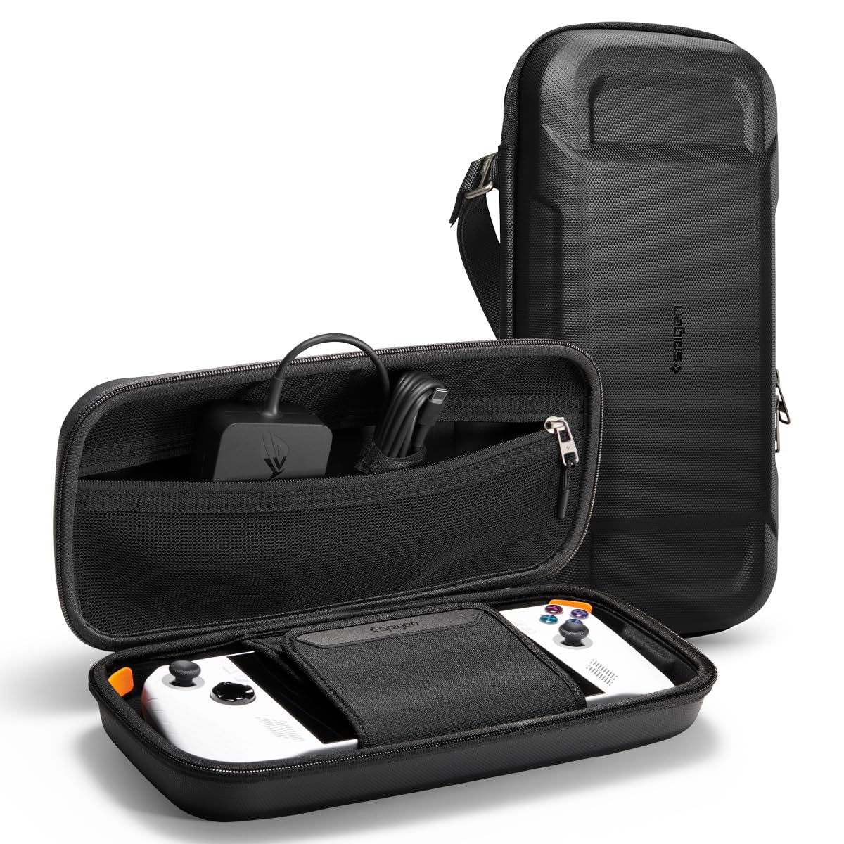 Spigen Rugged Armor Pro Designed for ASUS ROG Ally 2023 RC71L Case/ROG Ally X 2024 RC72LA Case/MSI Claw A1M Hard Shell Carrying Case with Pockets for Accessories and Original Charger Storage Bag