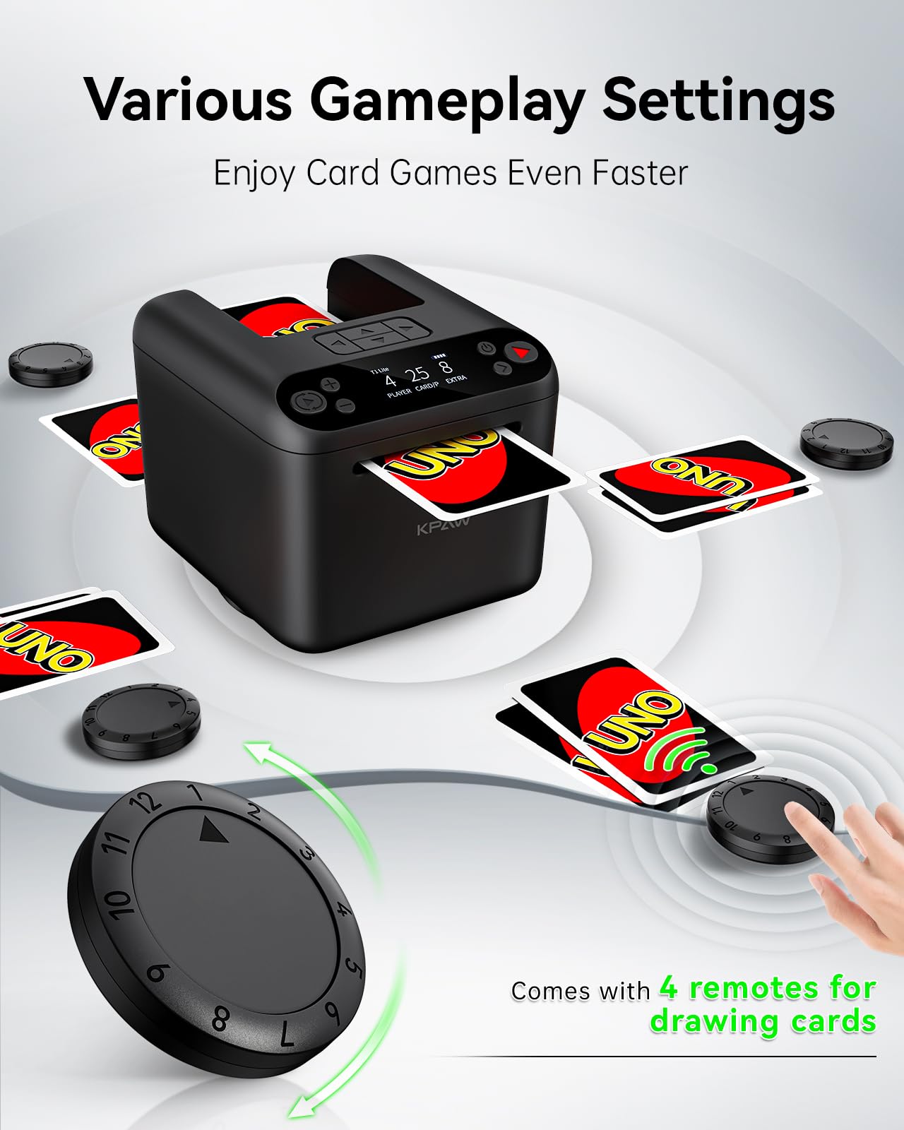 KPAW Automatic Card Dealer with 4 Wireless Remotes, Handles 1–3 Decks, USB Rechargeable Card Dealing Machine, Portable Card Dealer for Texas Holdem, UNO, Bridge, Poker More