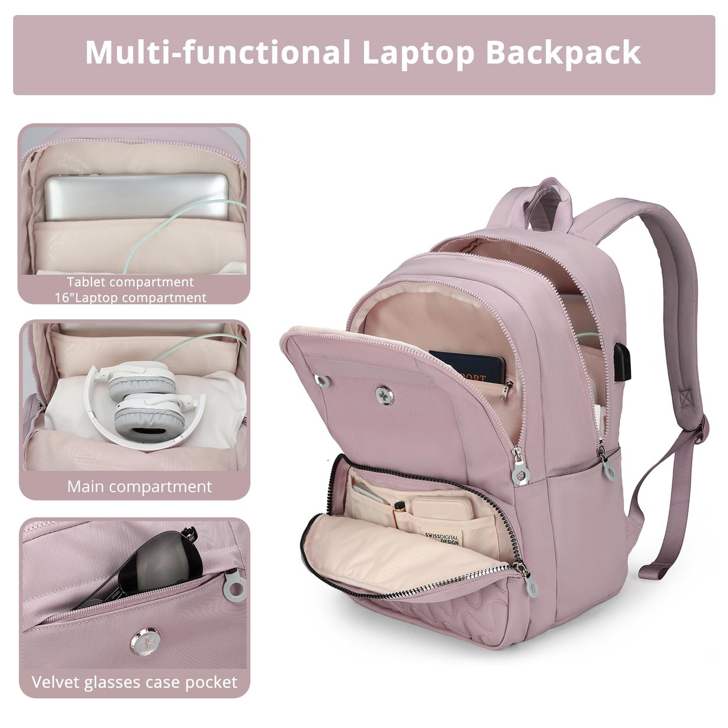 Swissdigital Design Backpack for Women, 15.6 inch Laptop College Pink Medium Simple Modern Backpacks for School with USB Charging Port for Womens Girls | SD1711-82