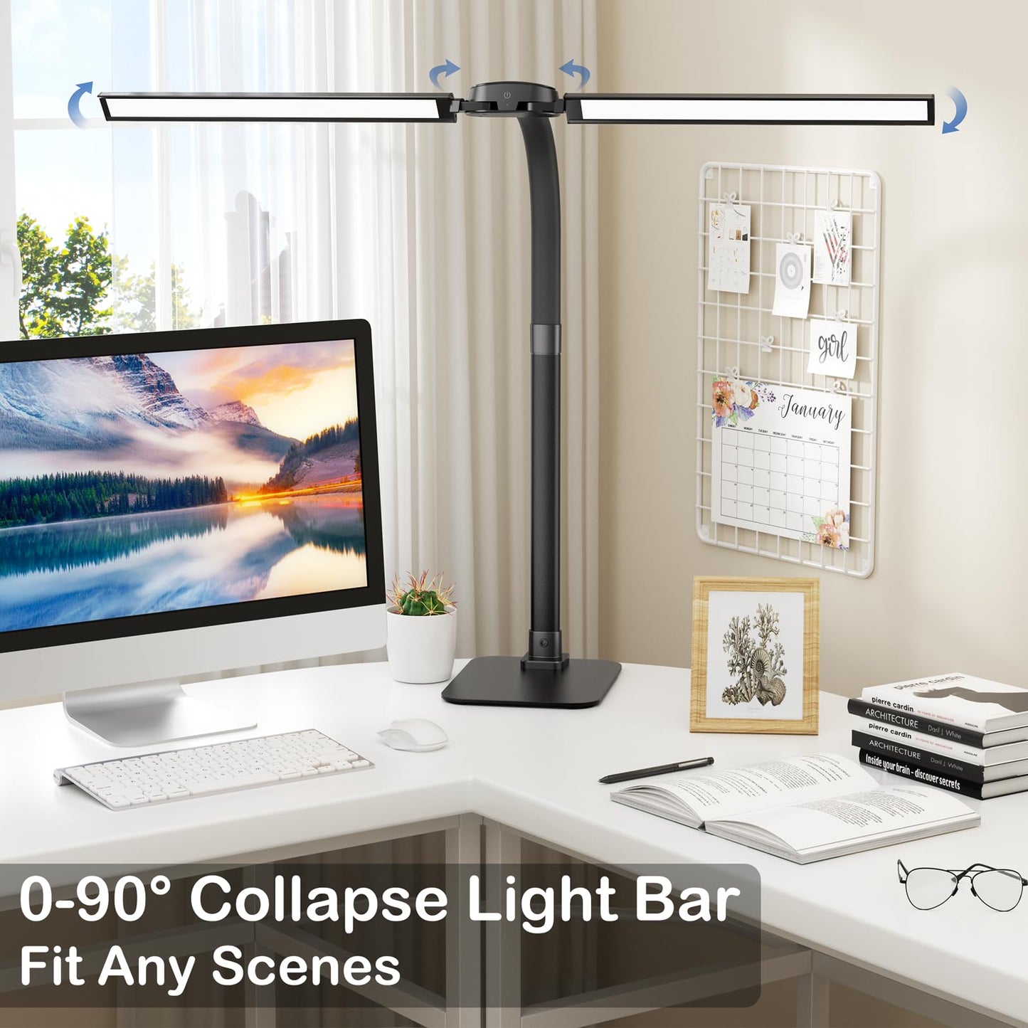 Desk Lamp with USB Charging Port for Home Office 24w Architect Remote Base Dual Task Led Light Modern 5 Color Modes Dimmable Adjustable Gooseneck Double Head Reading Drafting Eye Caring Tall Lamps