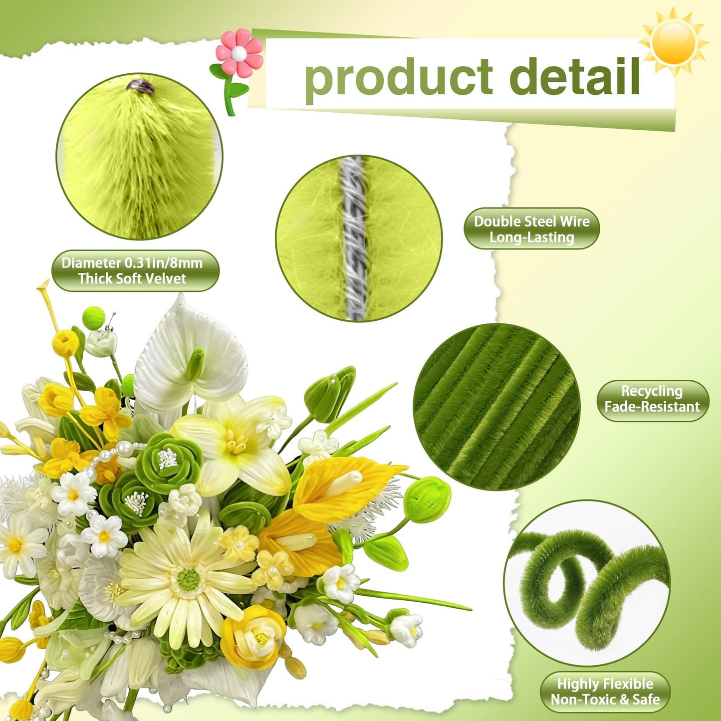 URSDIART 976PCS Pipe Cleaners,Pipe Cleaner Bulk Flowers Kit,7 Colors Chenille Stems for Flower Bouquet Making with Craft Wire,Stamen,Tape,Ribbon & More for DIY Projects & Arts (Green Colour)