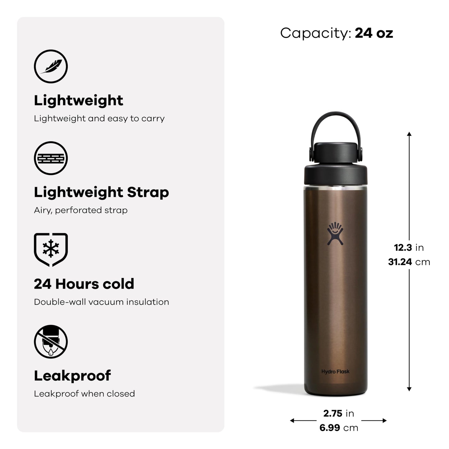 Hydro Flask Lightweight Wide Flex Chug Cap - Insulated Stainless Steel Water Bottle 24 Oz Obsidian
