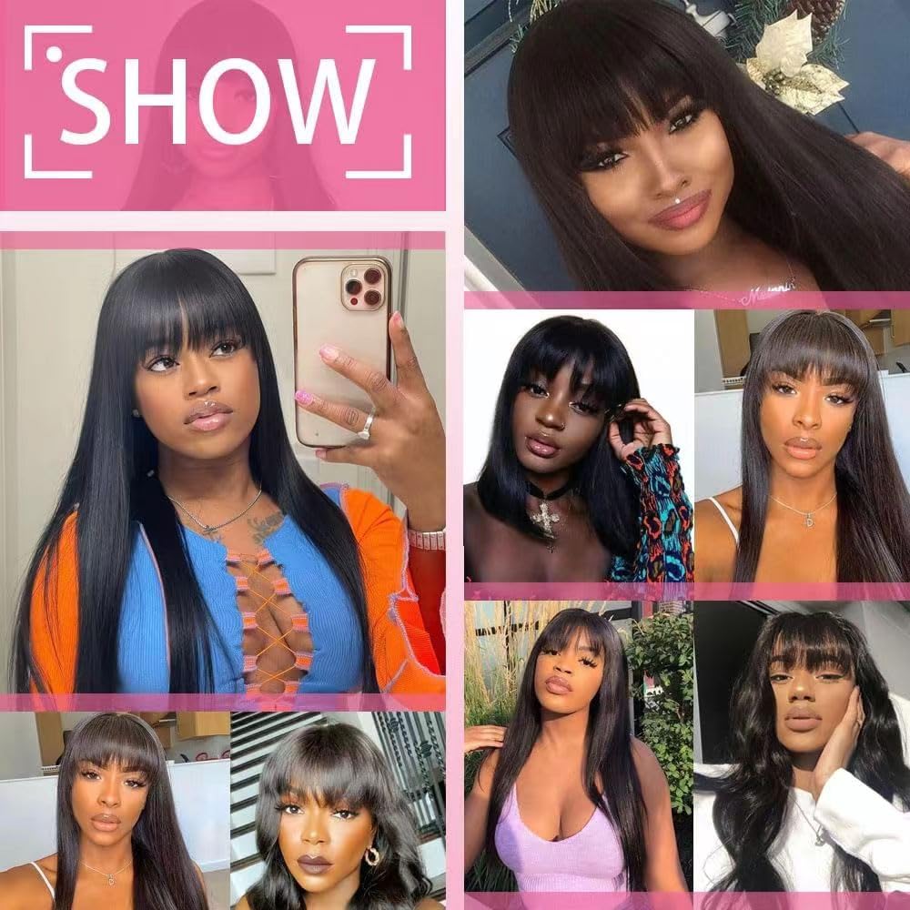 Tamnnee Glueless Wigs Human Hair with Bangs Straight Human Hair Wig with Bangs 150% Density 1x3inch Bleached Knots Lace Front Wigs for Black Women 18inch
