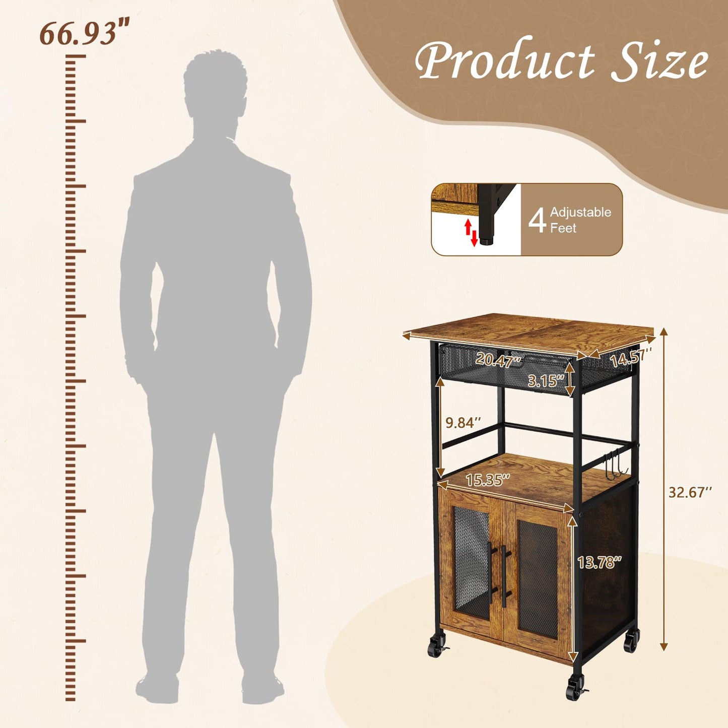 3 Tier Rolling Coffee Cart with 2-Door & Pull-Out Wire Basket Drawer, Movable Coffee Bar Cabinet on Lockable Casters, 32.7" H Microwave Cart with Storage for Home, Kitchen, Dining Room (Rustic Brown)