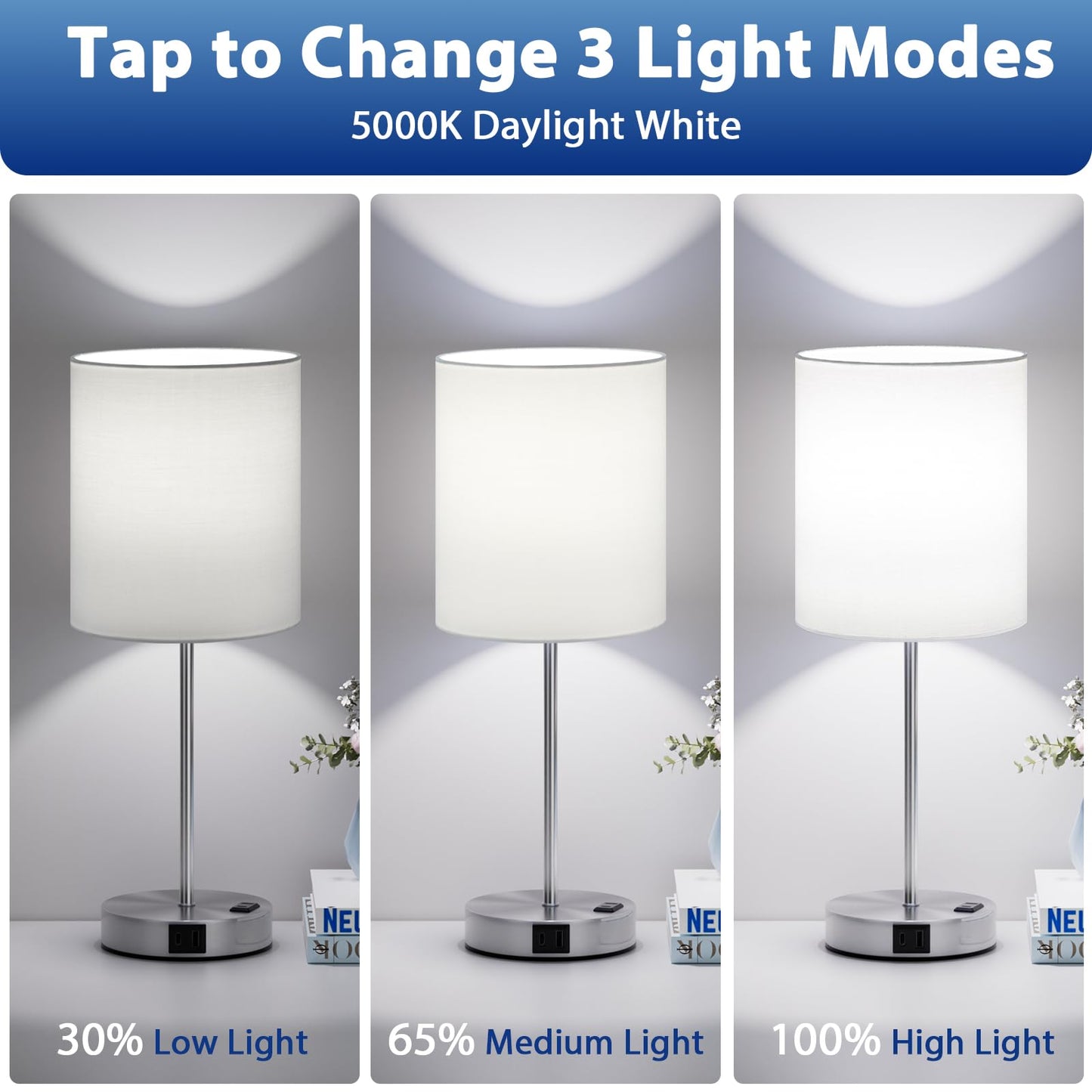 White Touch Lamps for Nightstand Set of 2 - Bedside Table Lamp for Bedroom with Dual USB Ports & AC Outlet, 3-Way Dimmable Lamps for Living Room Boys Room, Night Light with 5000K Daylight Bulbs