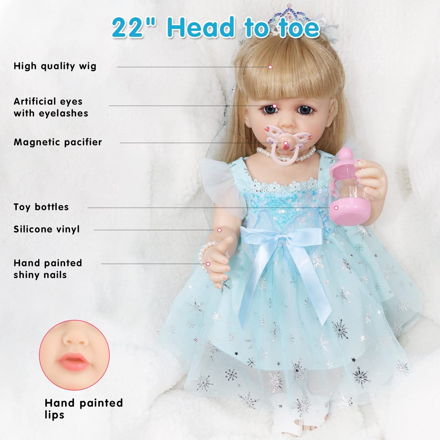 JRLCGYP Realistic Baby Doll, 22 Inch Lifelike Reborn Baby Dolls Silicone Full Body with Princess Dress, Long Hair Weighted Toddler Doll Toy Birthday Gift Set for Over 3 Years Old
