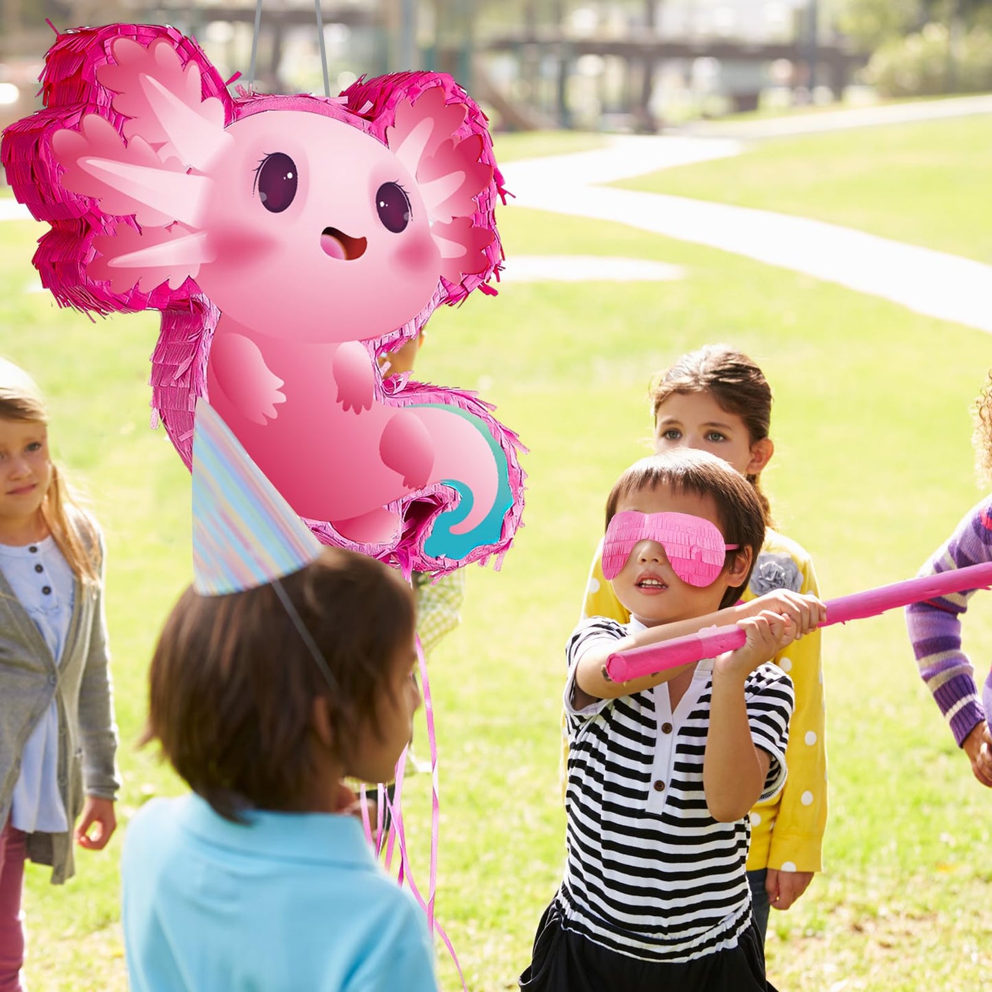 Seematn Axolotl Piñata Birthday Party Supplies Animals Piñata with a Blindfold, Bat and Confetti for Axolotl Party Favor Kid Girl Birthday Baby Shower Supplies, 15. 75 x 12. 2 x 2. 95 Inch